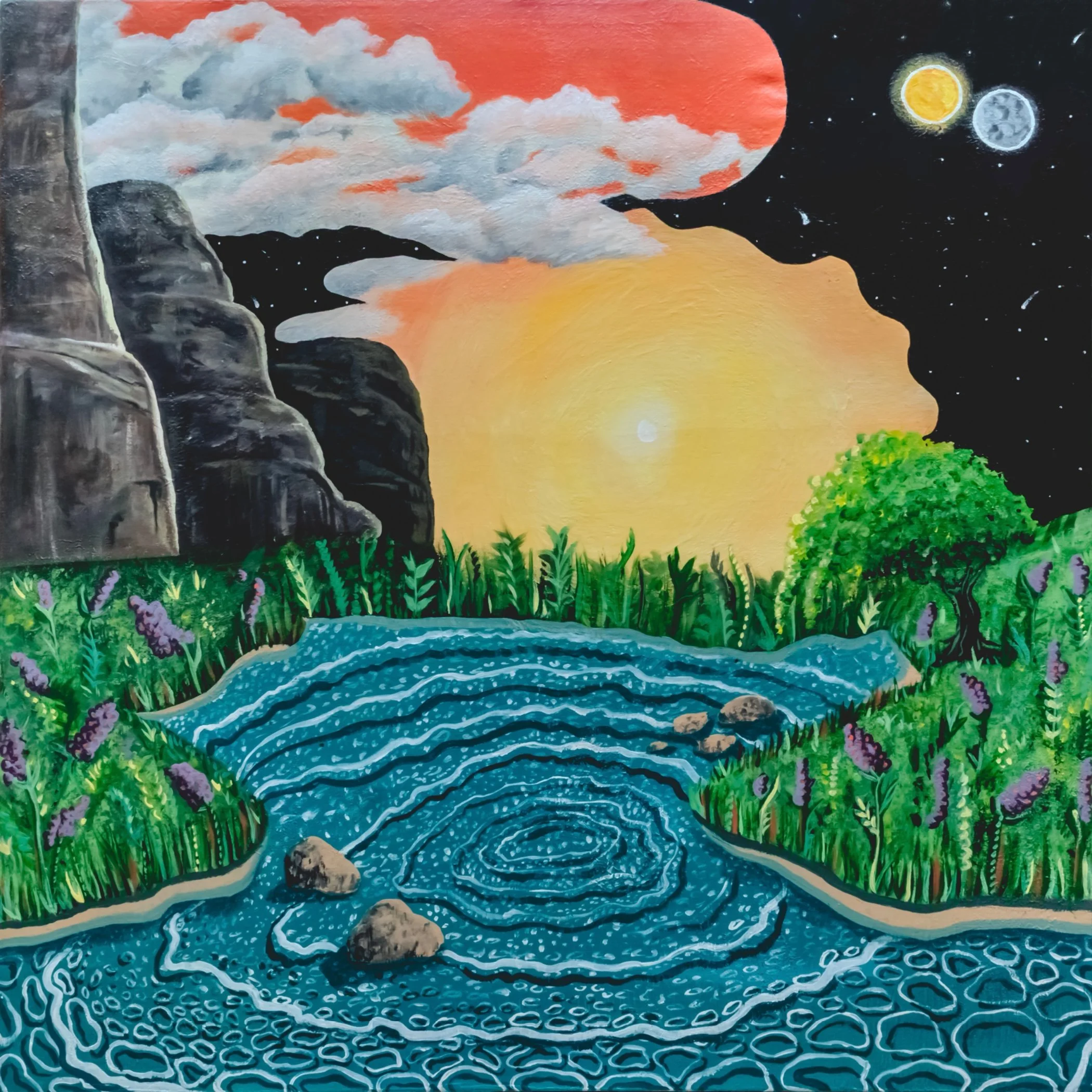 Painting of a natural landscape featuring a flowing river with rocks, surrounded by green plants and purple flowers, with cliffs on the left, green trees on the right, and a bright yellow sun in the sky. The sky transitions from day to night, with cl