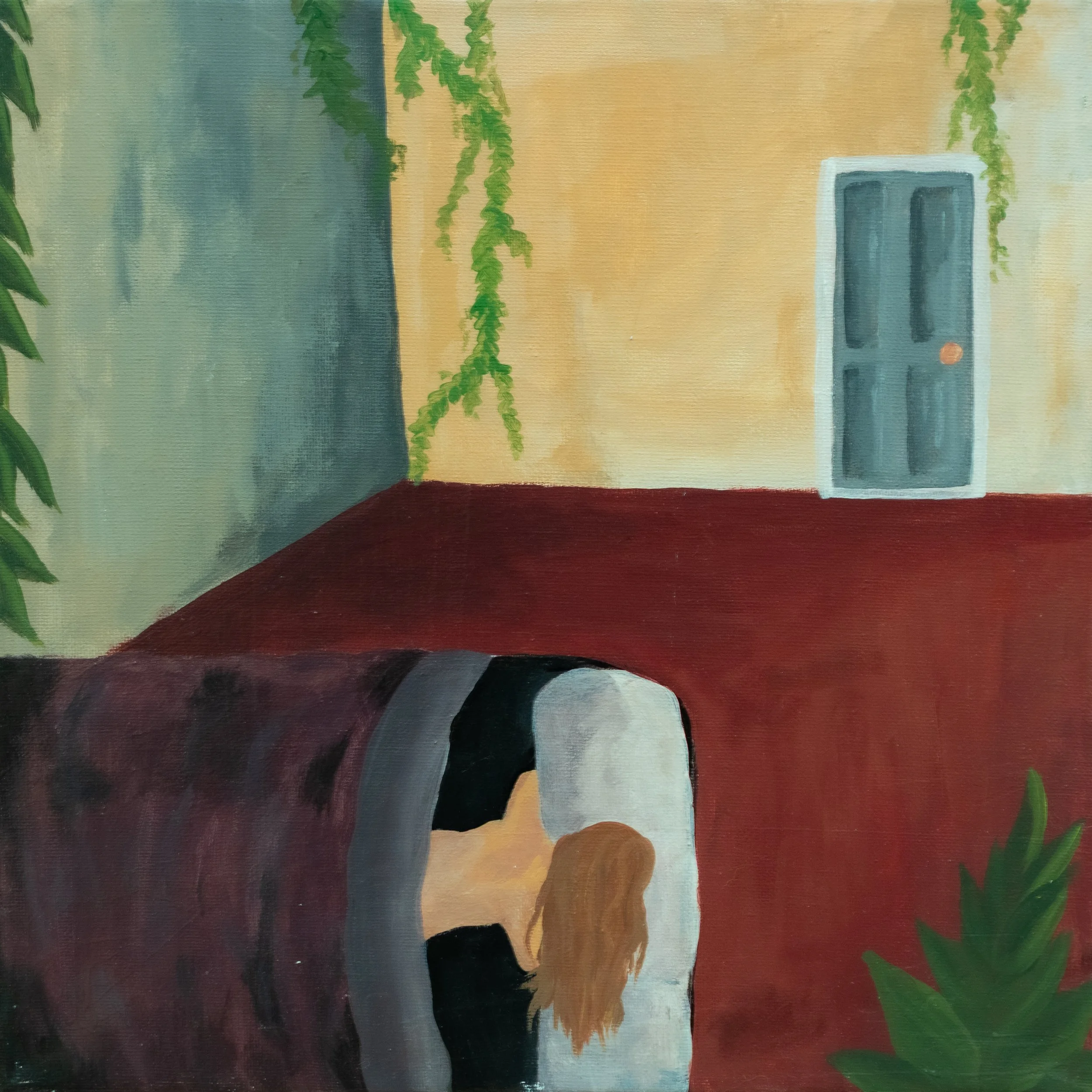 Painting of a person with long hair bending under an archway, with a building wall, green plants, and a door in the background.