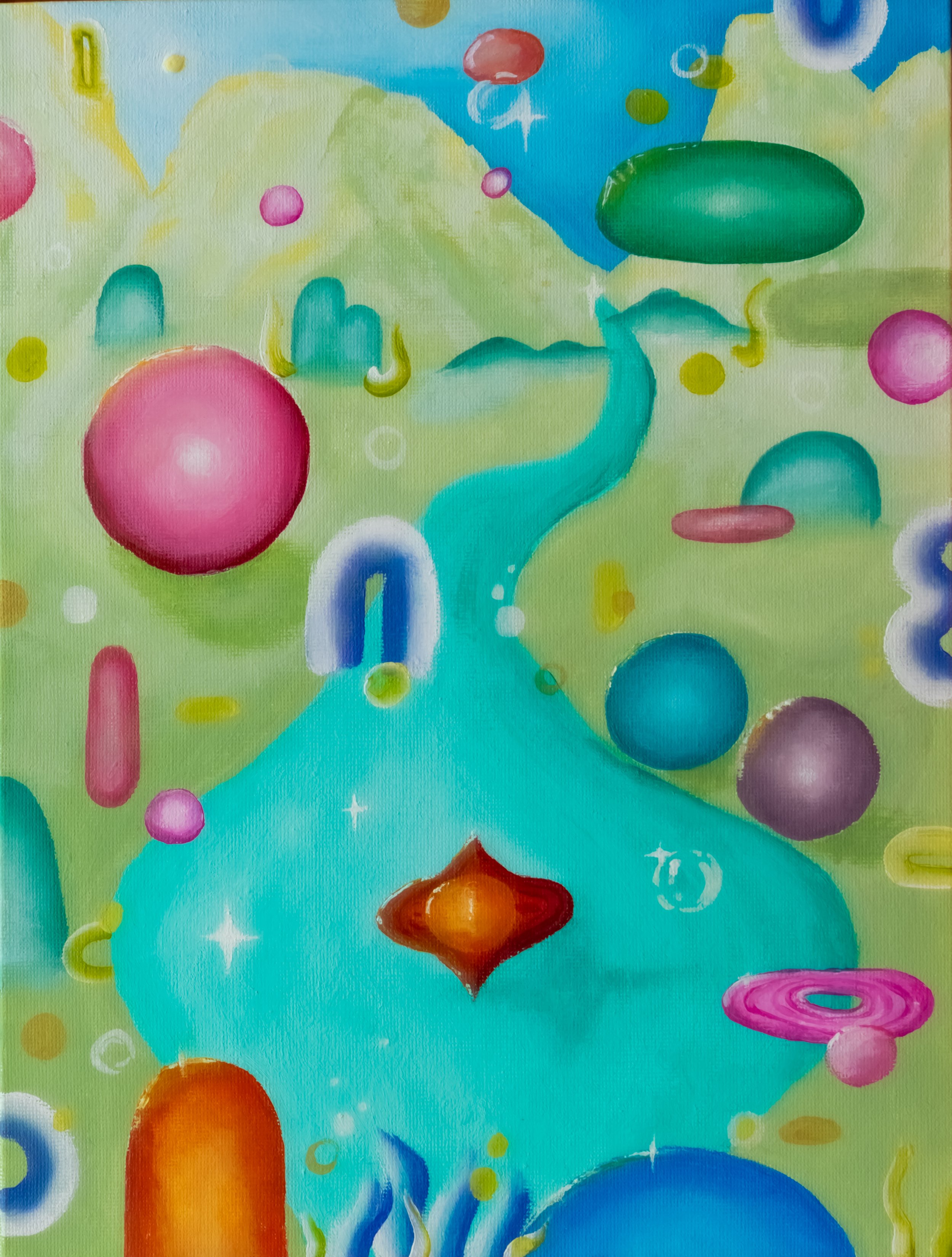Colorful abstract landscape with floating spheres, arches, and a winding river with a bright sky.
