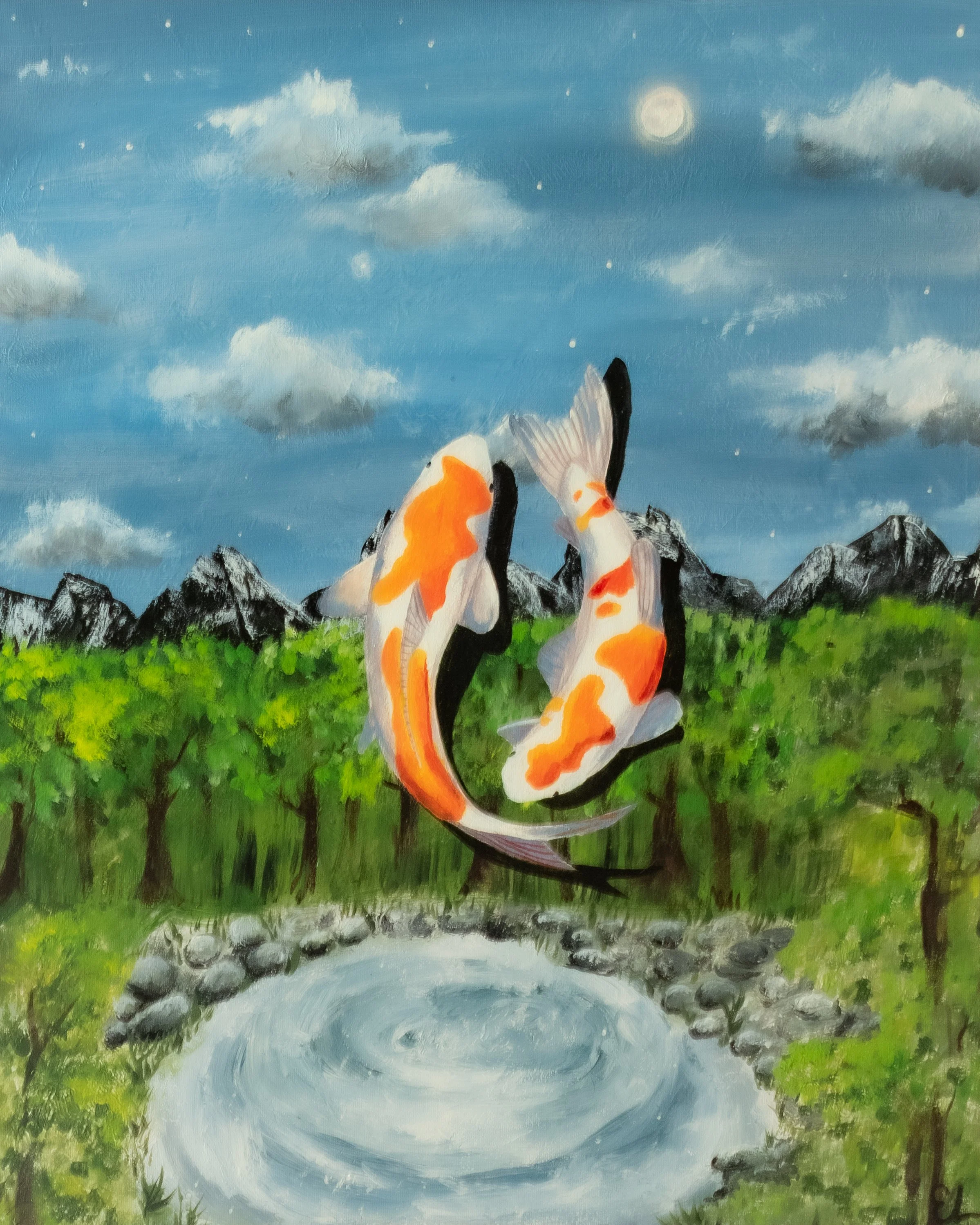 Painting of two koi fish swimming above a pond with a mountain landscape in the background under a cloudy sky at night.