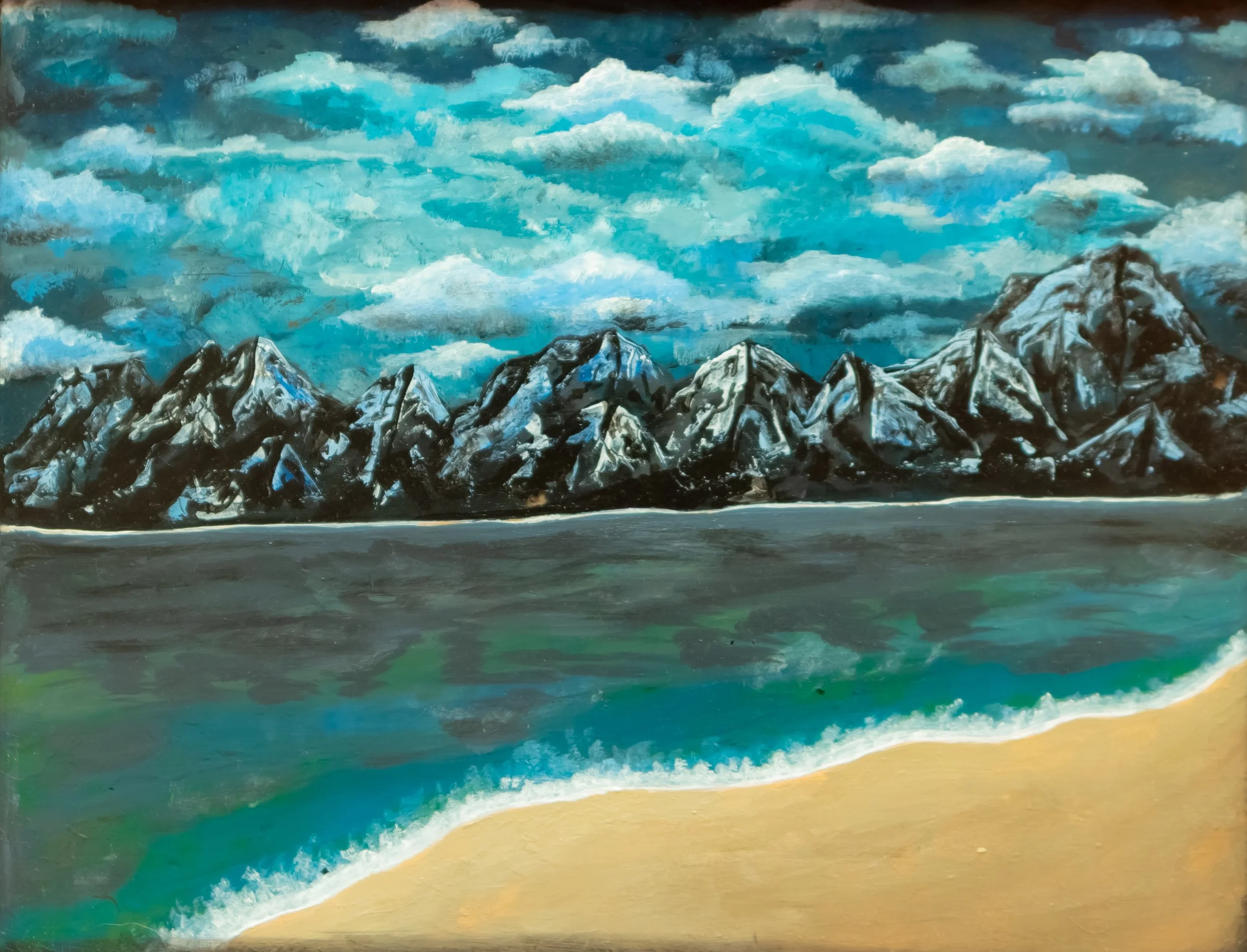 A painting of a mountain range with snow-capped peaks under a cloudy sky, viewed across a body of water with a sandy shoreline in the foreground.