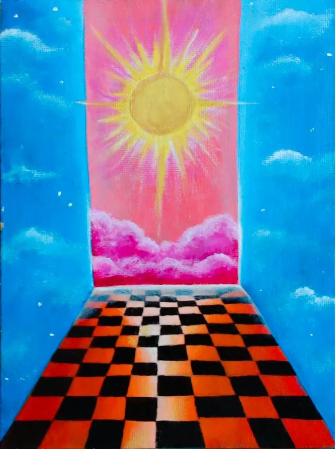 A surreal painting of a checkered black and red floor leading to an open door with a pink sky, yellow sun, and pink clouds, surrounded by blue walls with clouds painted on them.