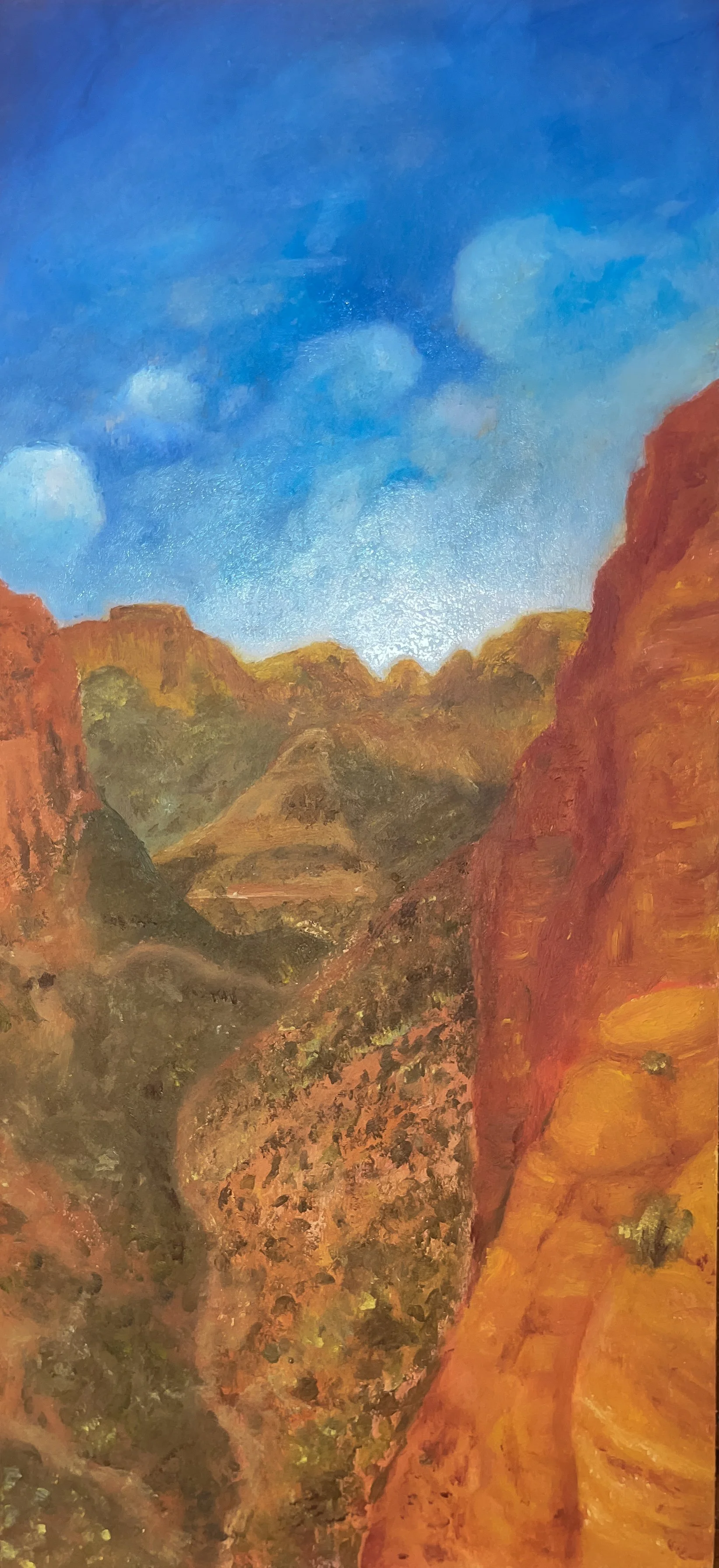 Painting of a canyon landscape with red and orange rocks and green vegetation, under a blue sky with some clouds.