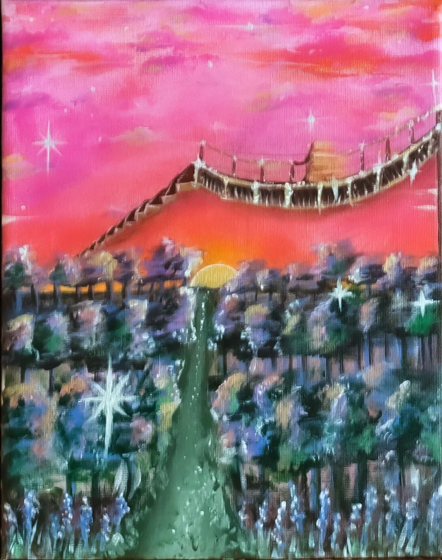 A colorful painting of a sunset over a bridge, with a path leading through trees and bright star-like lights in the foreground.