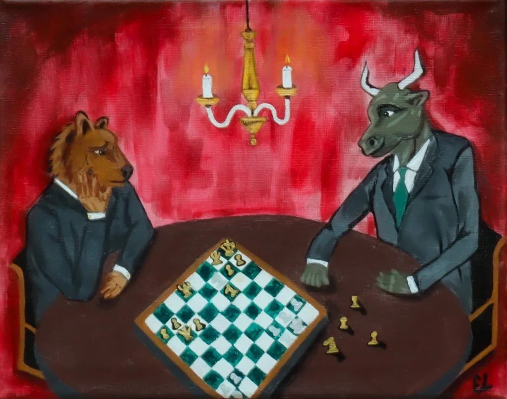 A painting of two anthropomorphic animals, a lion and a bull, playing chess at a round table. They are dressed in suits, with a red background and a hanging chandelier above.
