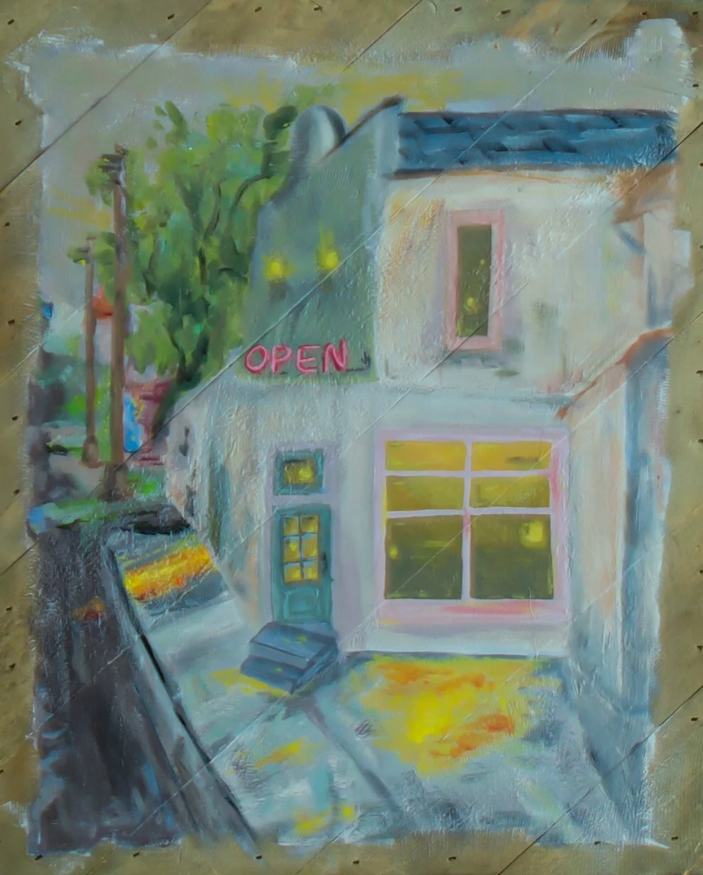 A painting of a house with a neon 'Open' sign, front steps, a blue door, and a large window, with greenery and telephone poles in the background.