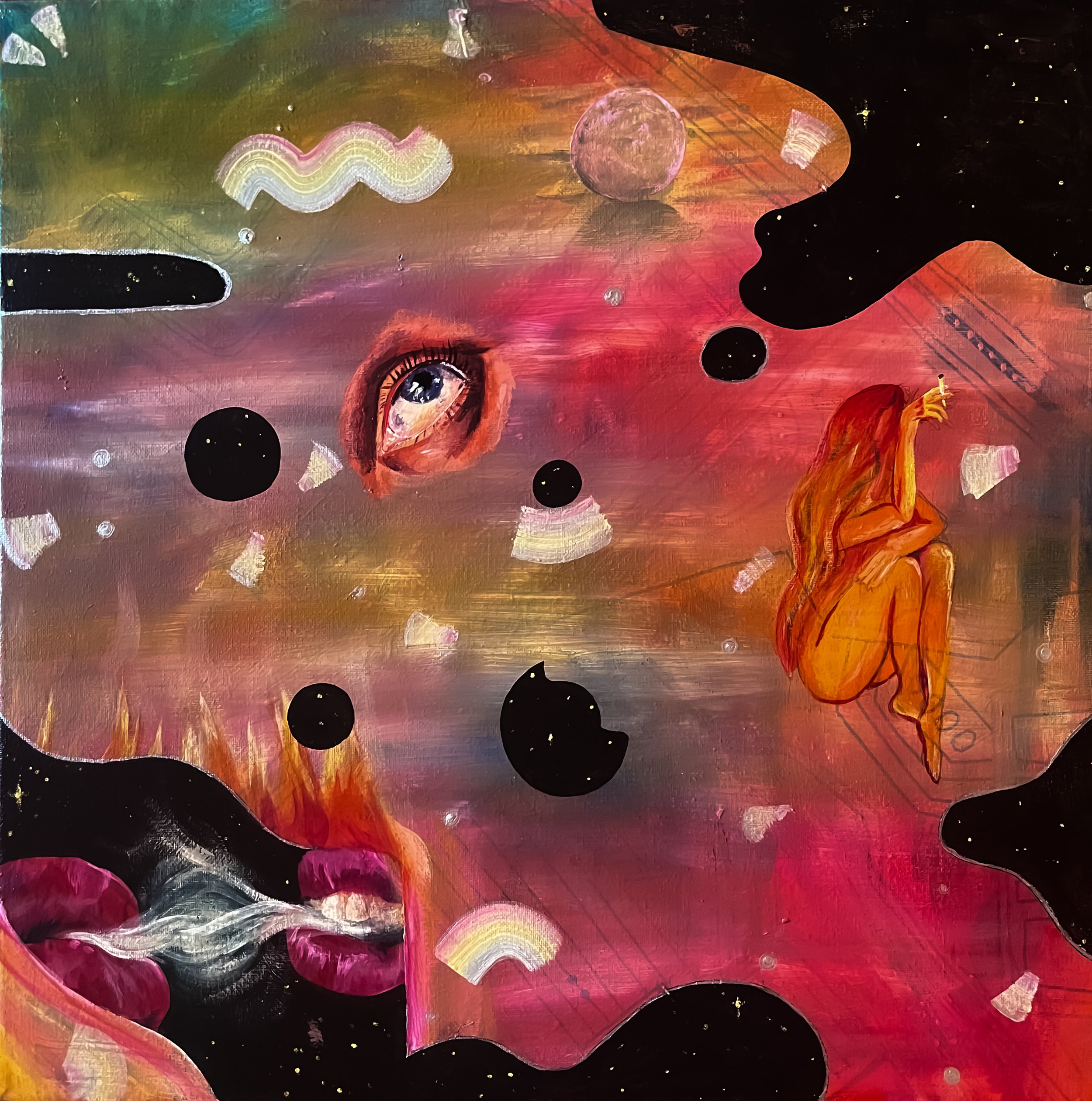 A surreal artwork featuring a woman with long red hair seated and smoking, surrounded by cosmic elements such as planets, abstract shapes, an eye, and a partially visible face with lips, against a colorful, nebula-like backdrop.