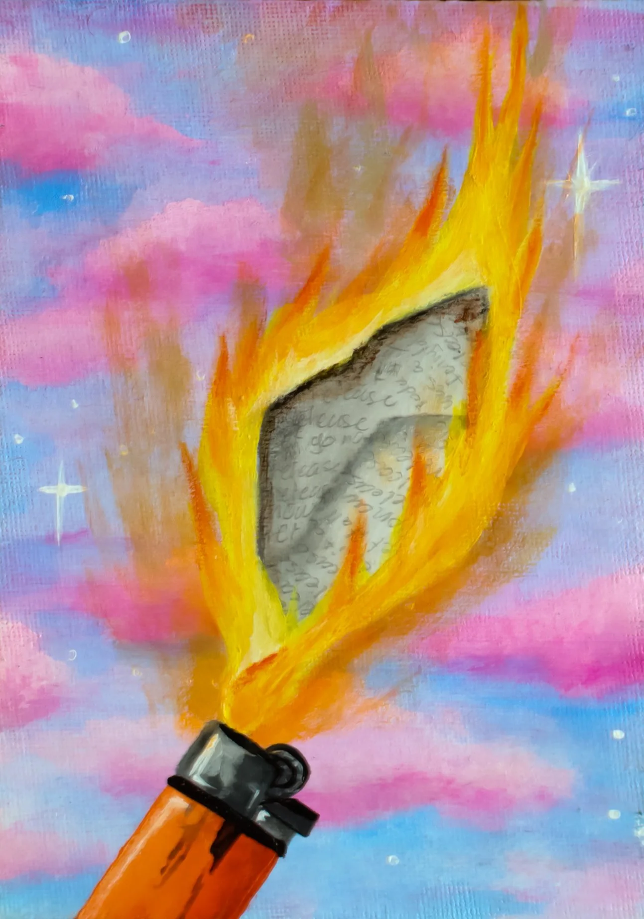 An artistic painting of a lit gasoline match with flames, revealing a scroll of paper with handwritten text inside, set against a pastel-colored sky with clouds and stars.