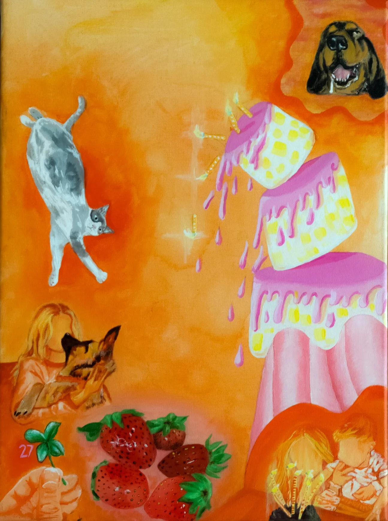 A colorful painting featuring a birthday cake with pink and yellow icing, multiple lit candles, and dog heads with various expressions in thought bubbles or near the cake. There are some fresh strawberries and a green leafy stem in the foreground, an