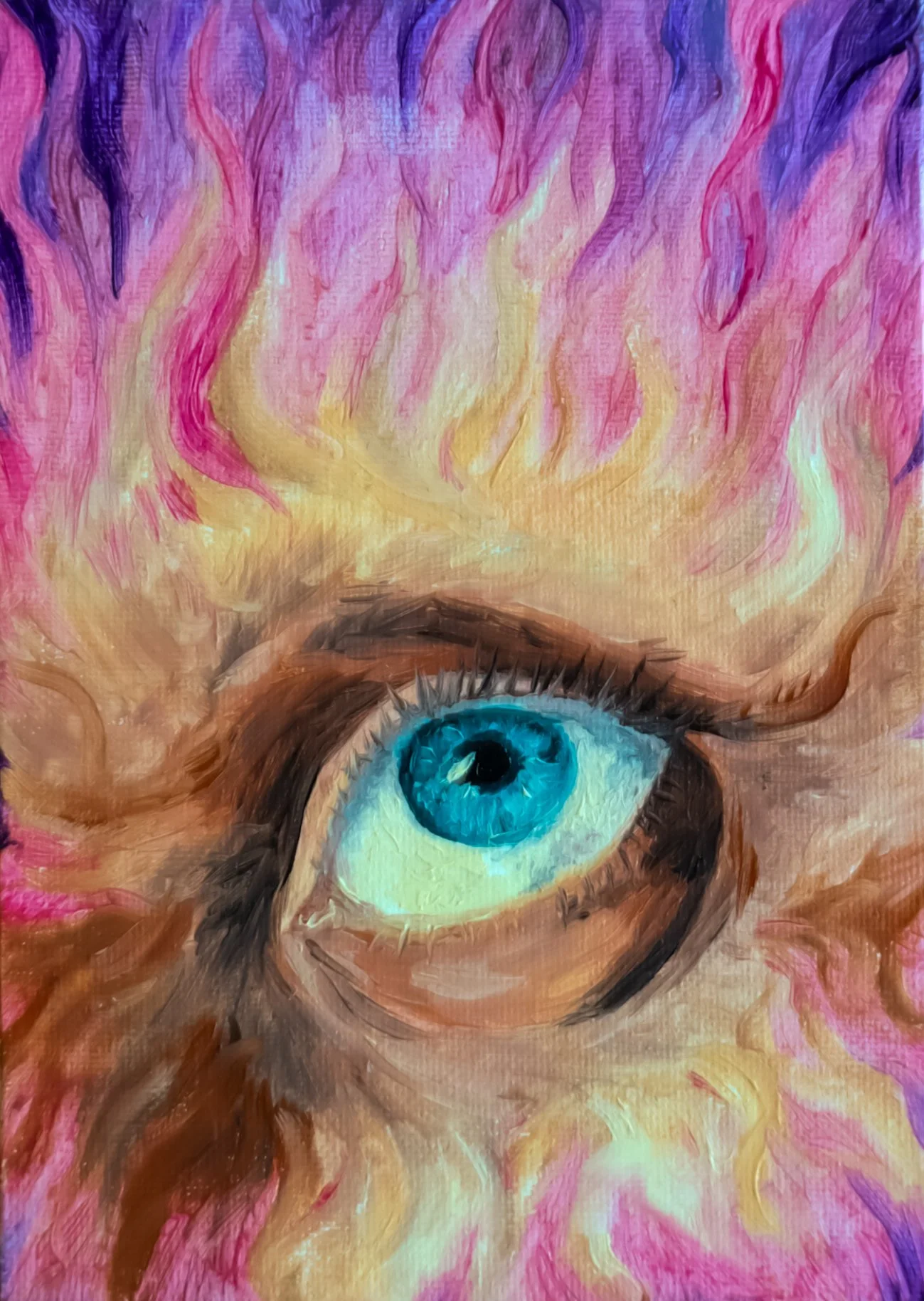 A colorful painting of a human eye with a blue iris, surrounded by pink and purple abstract flames or flames.