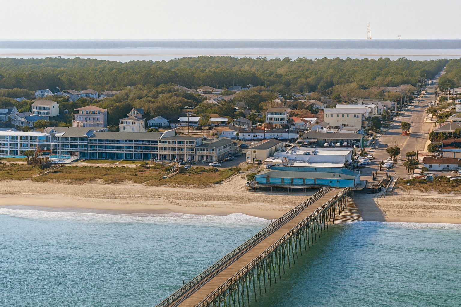 An aerial view of a beachside area with a pier extending into the ocean, surrounded by sandy beach and various buildings, with residential houses and trees in the background.