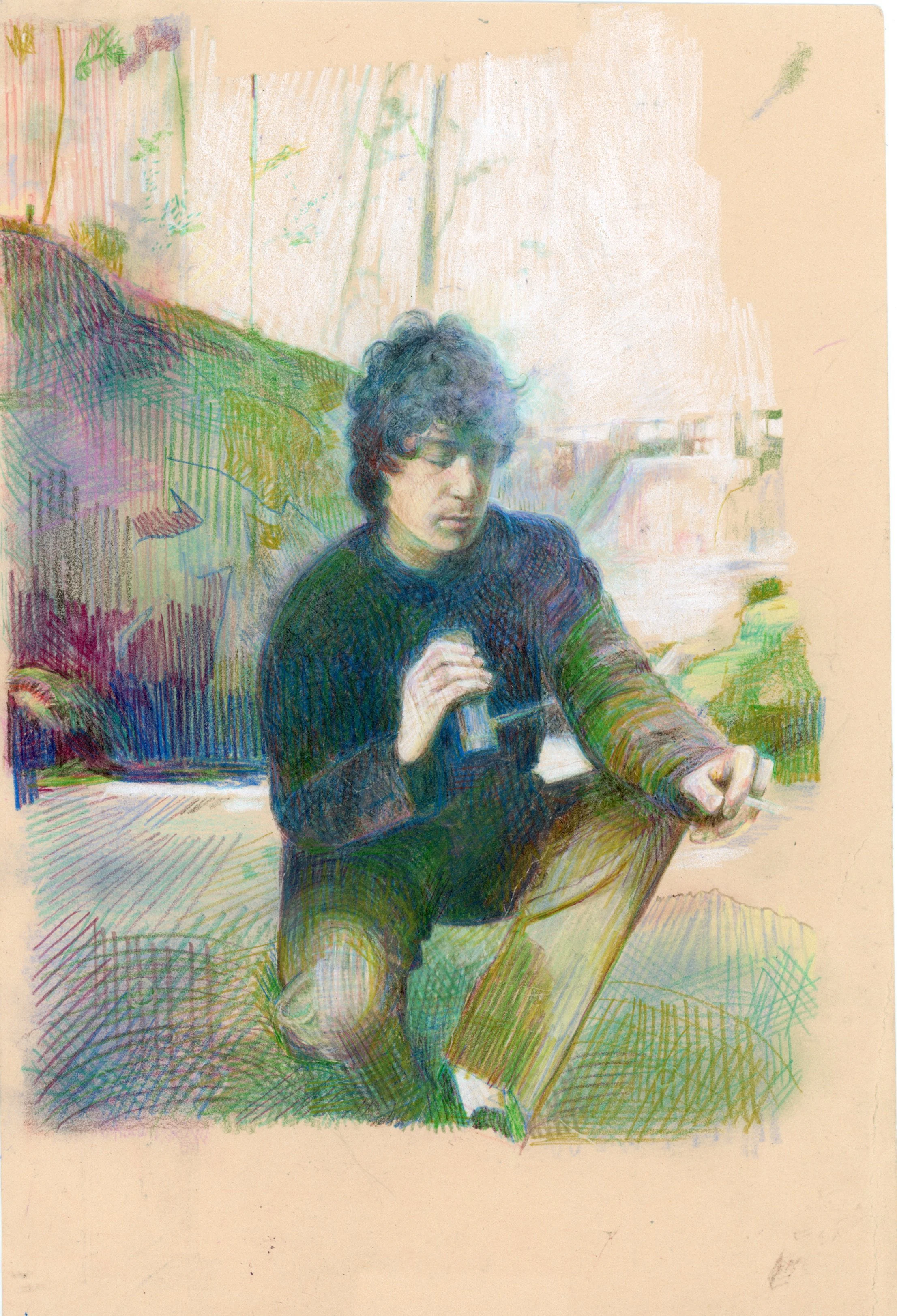 A colorful drawing of a young man sitting on a bench outdoors, holding a bottle, with a background of trees and buildings, created with pencil, colored pencil, and pastel.