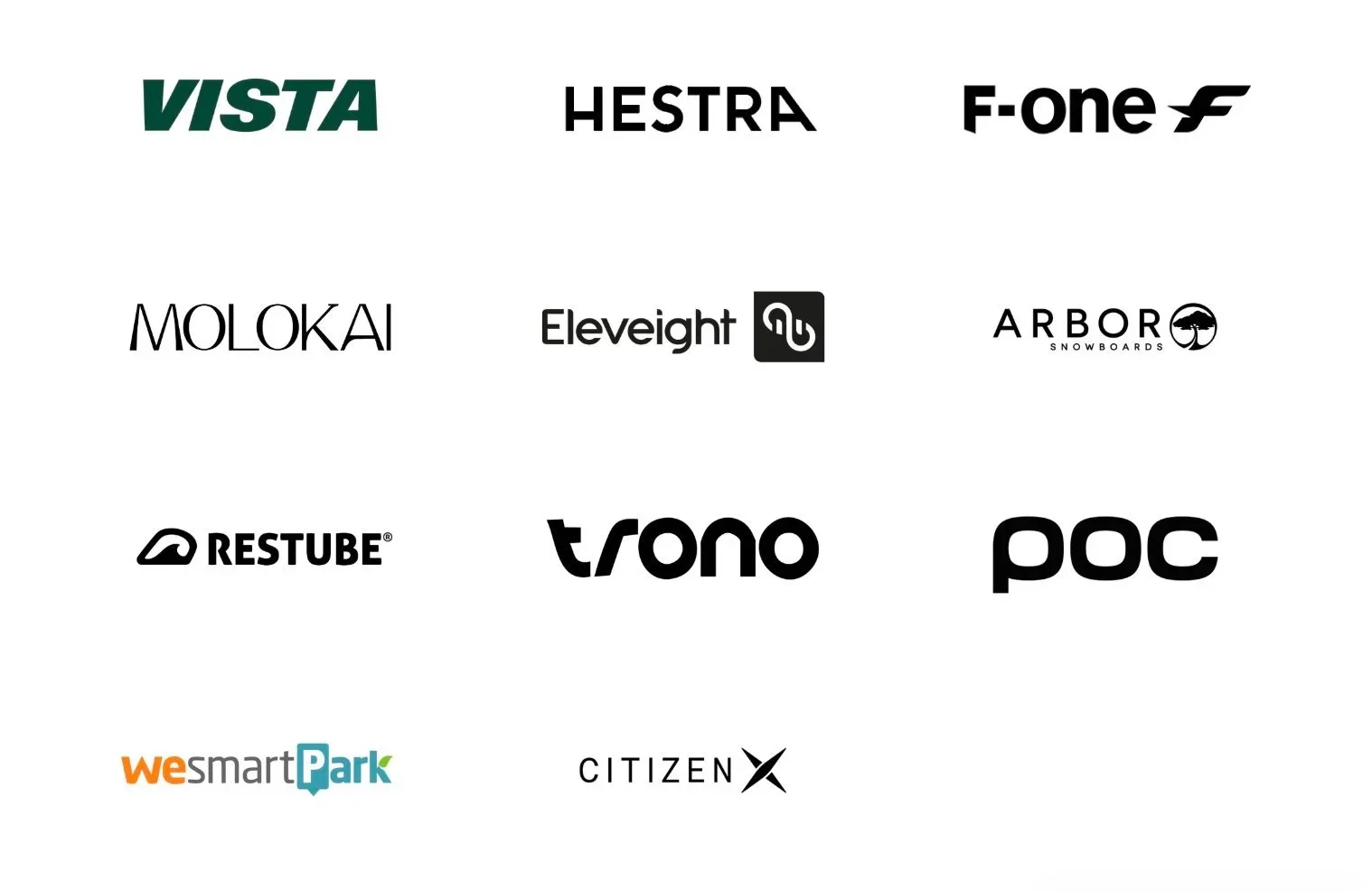 A collection of logos from various outdoor and technical gear brands, including Vista, Hestra, F-one, Molokai, Eleveight, Arbor Snowboards, Restube, Trono, POC, WesmartPark, and Citizen.