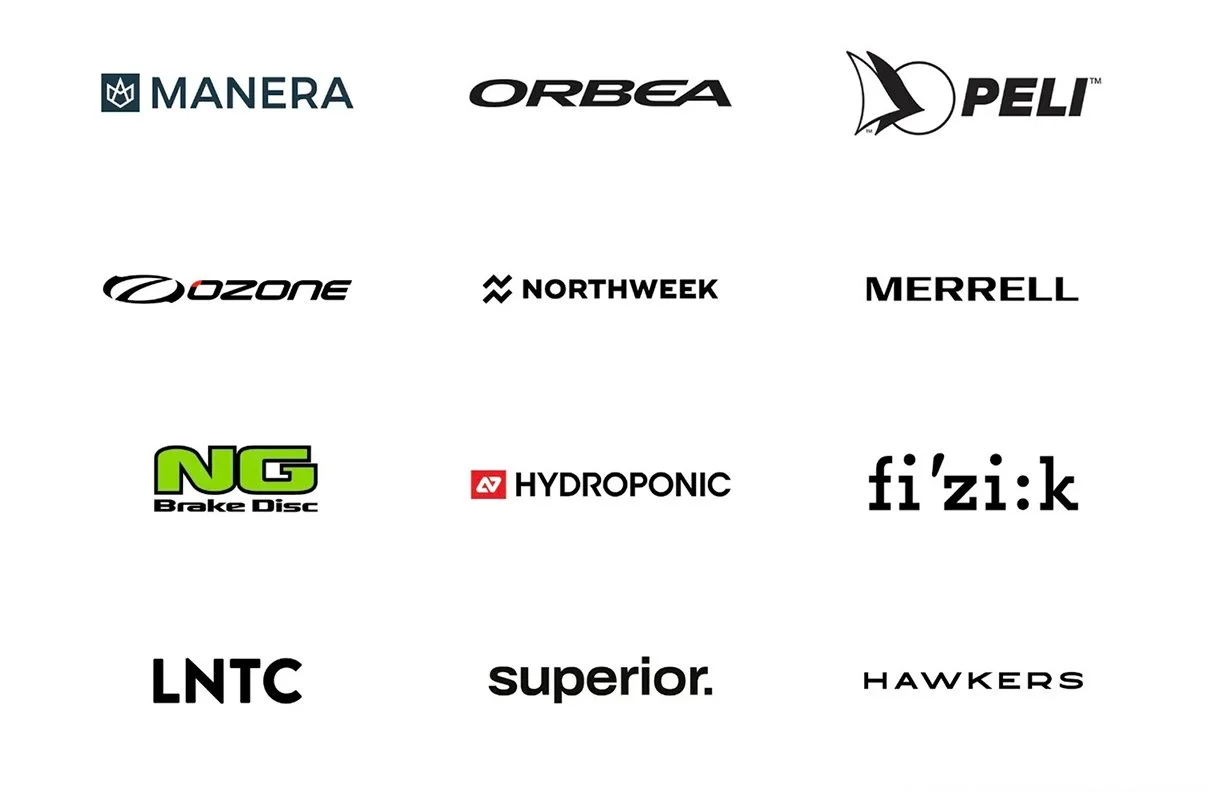 Collection of brand logos for MANERA, ORBEA, PELI, OZONE, NORTHWEEK, MERRELL, NG Brake Disc, HYDROPONIC, fi'zi:k, LNTC, superior, and HAWKERS on a white background.