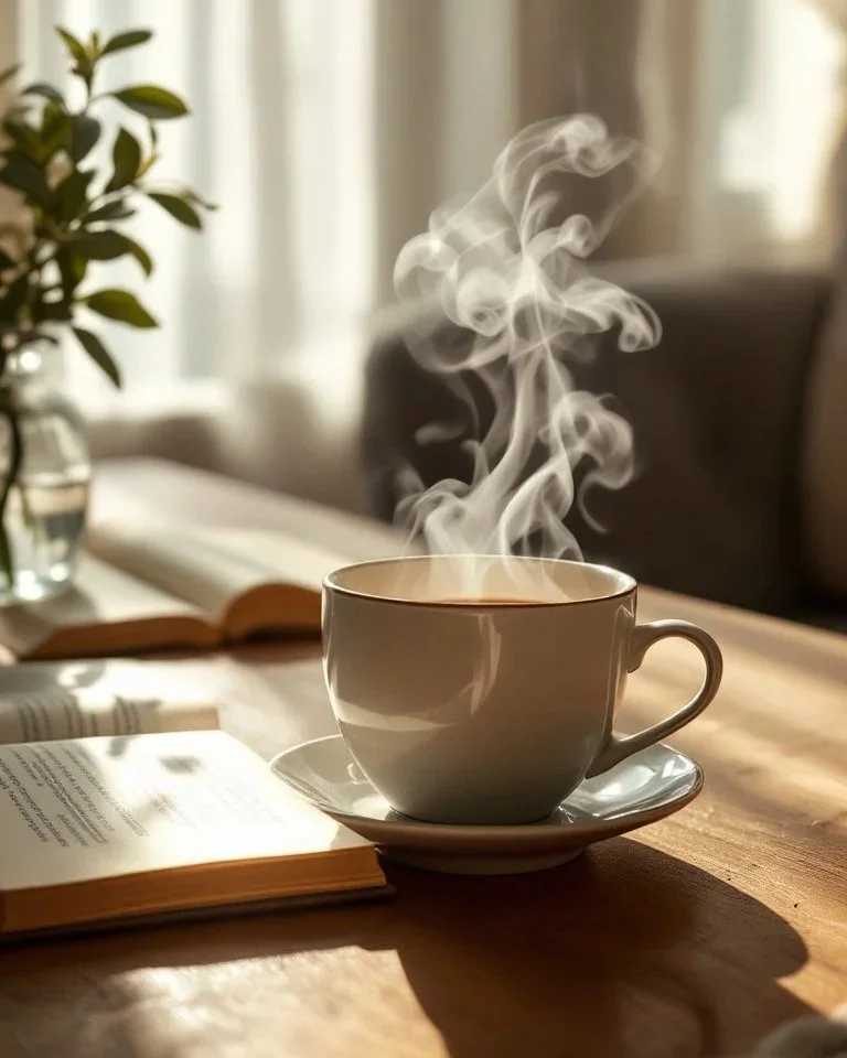 A cup of coffee sitting on a table with steam rising from it in the early morning light.
