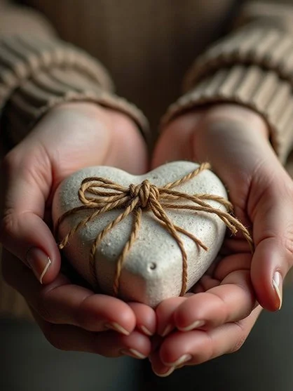 A stone heart wrapped in twine that is tied in a bow held gently in cradled hands.