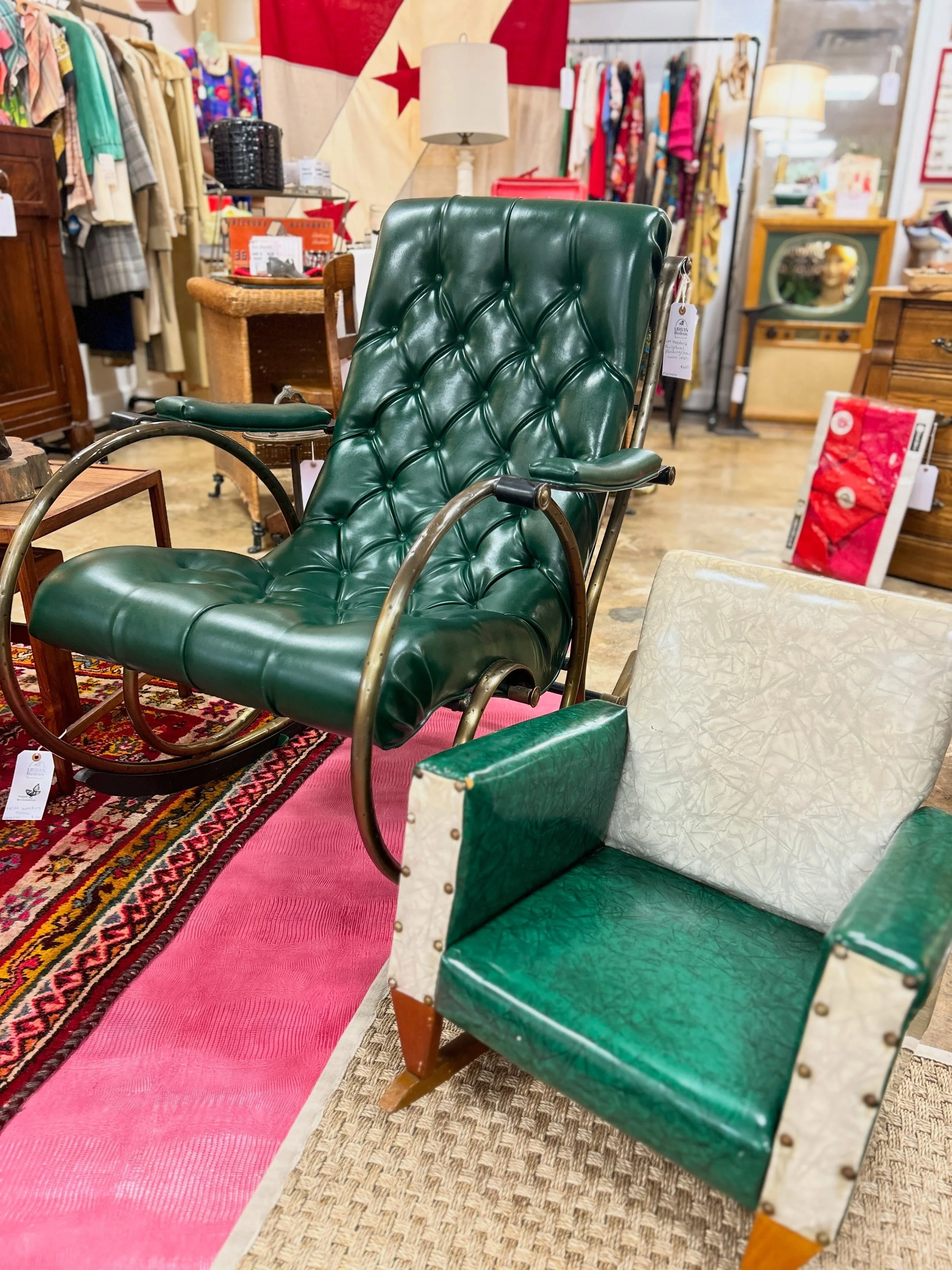 One for you and one for them 💚
Lee Woodard Sculptural Rocker and 1970&rsquo;s Childs Vinyl Rocker 

Fabulous Green Sculptural Rocker by Lee Woodard $650

Perfect little rocker for your littlest mid-century fan. $110