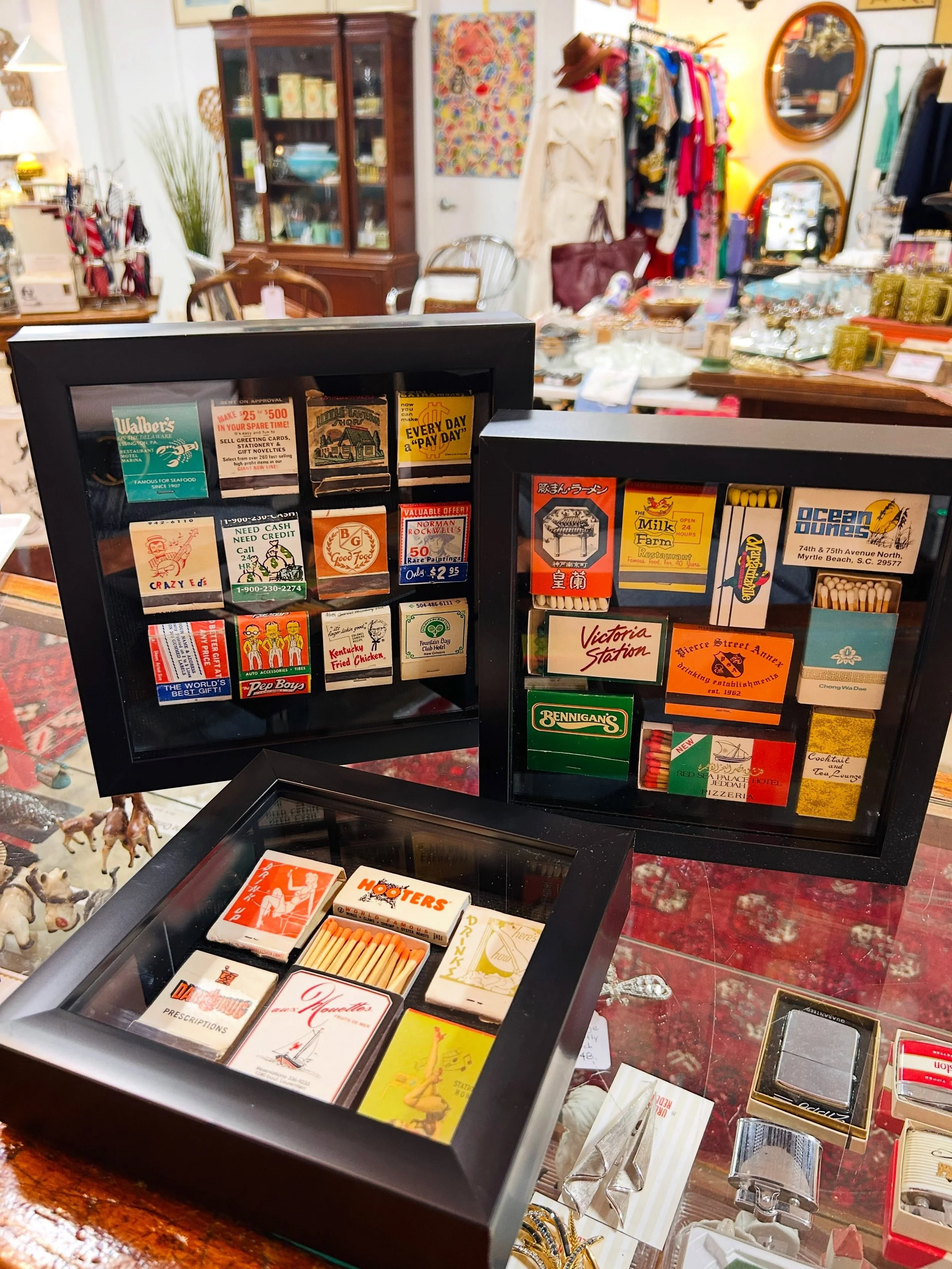 Matchbook lovers, I&rsquo;ve got you. 🔥

I made three one-of-a-kind shadow boxes using vintage matchbooks and matchboxes from restaurants, hotels, bars and businesses near and far. Each one is a little collection of great old graphics, typography an