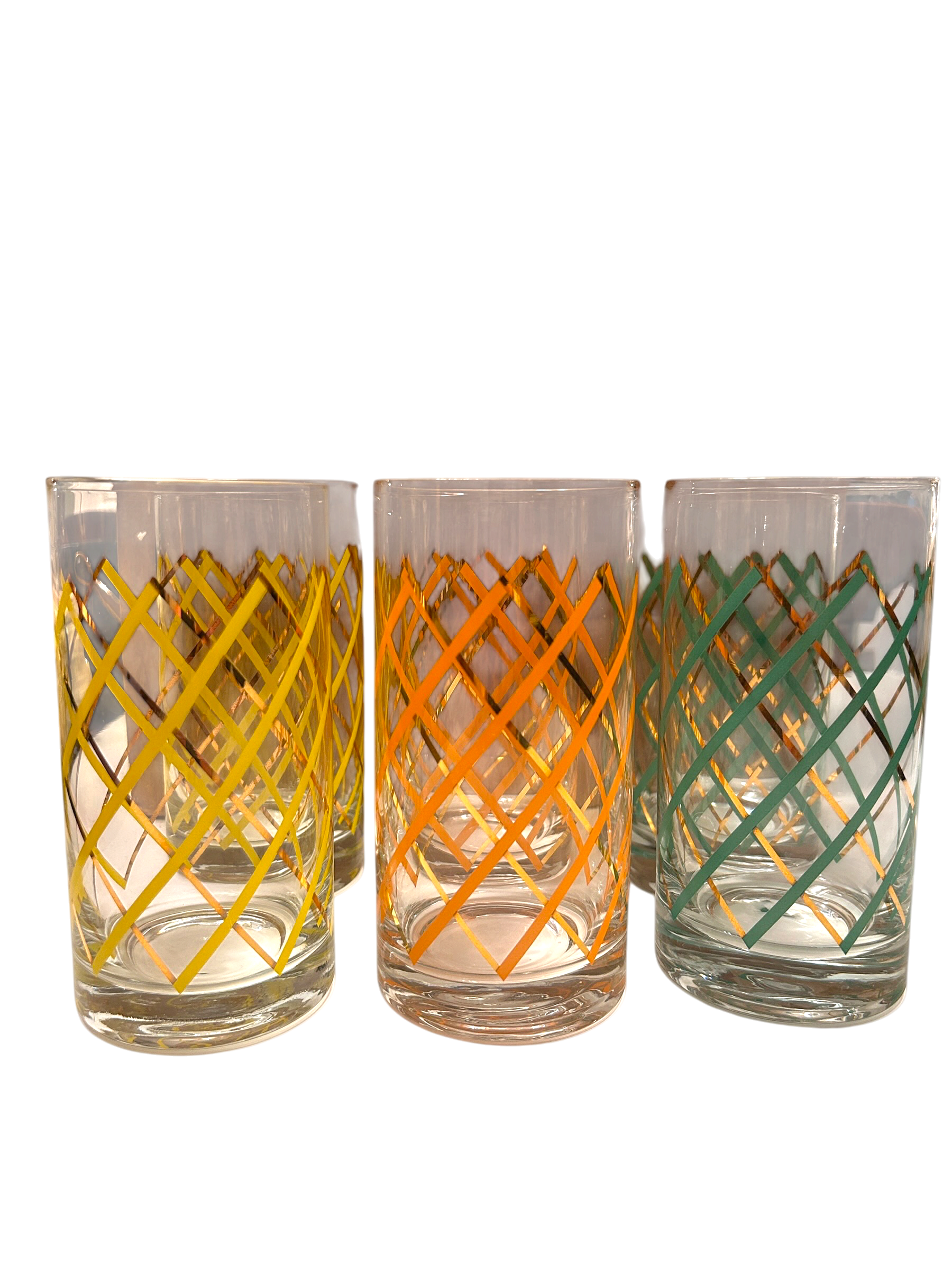 Vintage Mid Century Gold & Enamel Crisscross Highball Glasses | Set of 6