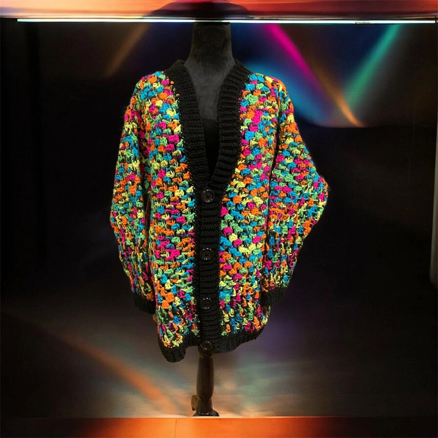 Hexi-Granny Stitch Cardigan – Bright Highlighter Colors with Black Trim