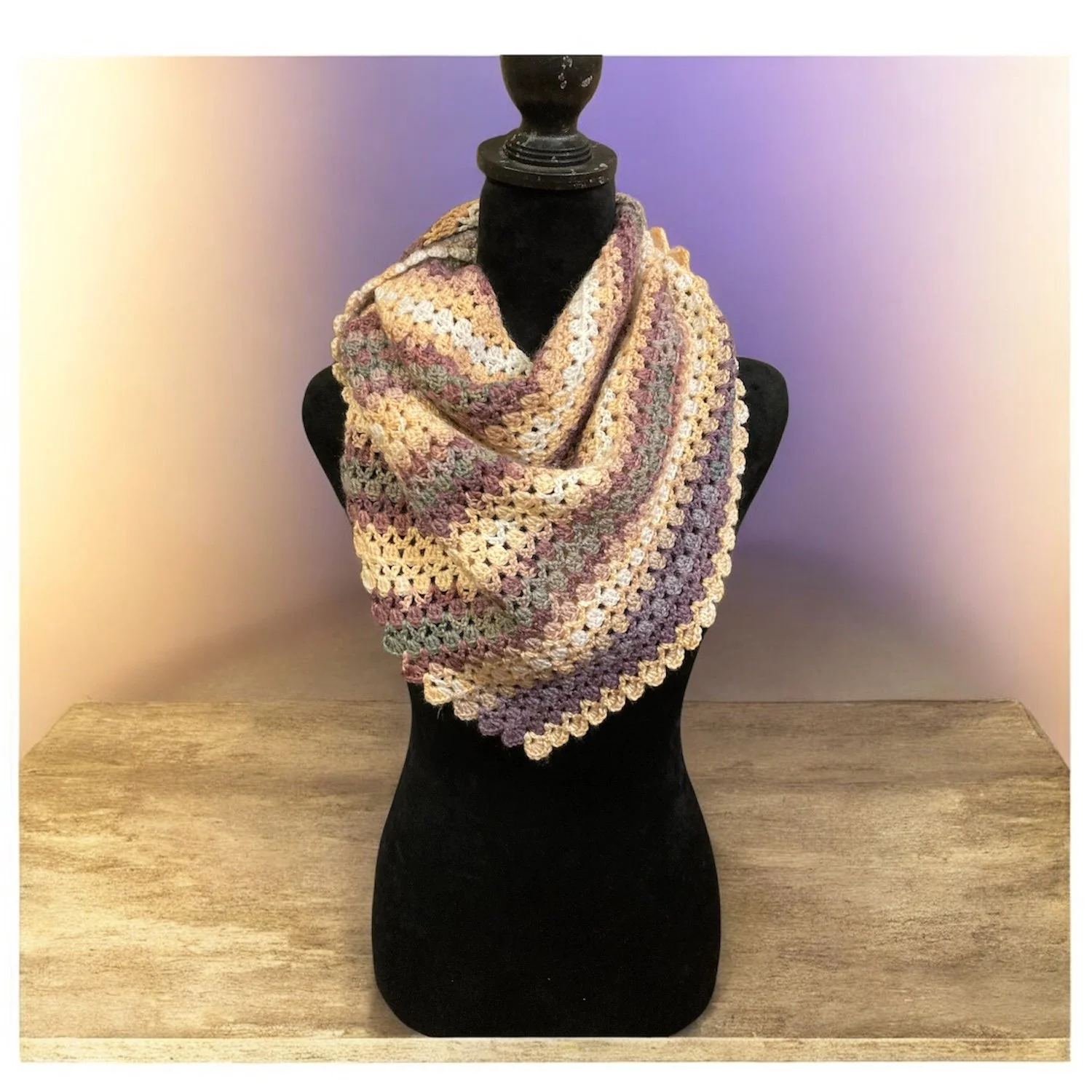 Asymmetrical Knit Shawl – Earthy Purples, Grays & Creams