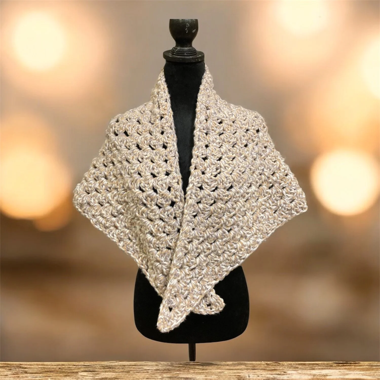 Chunky Granny Stitch Shawl – Gray, Tan & Cream