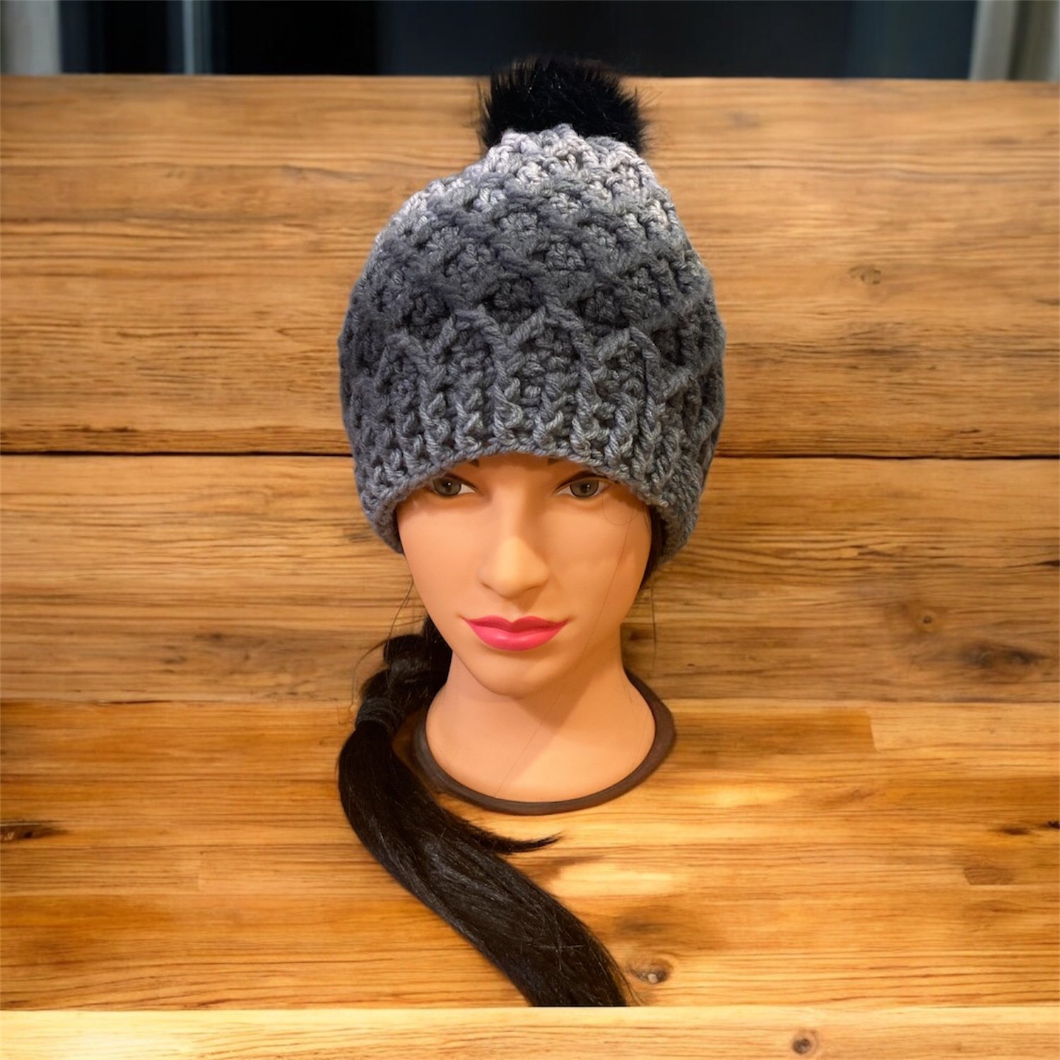 Crocheted Lattice Textured Hat, Adult – Black & Grey