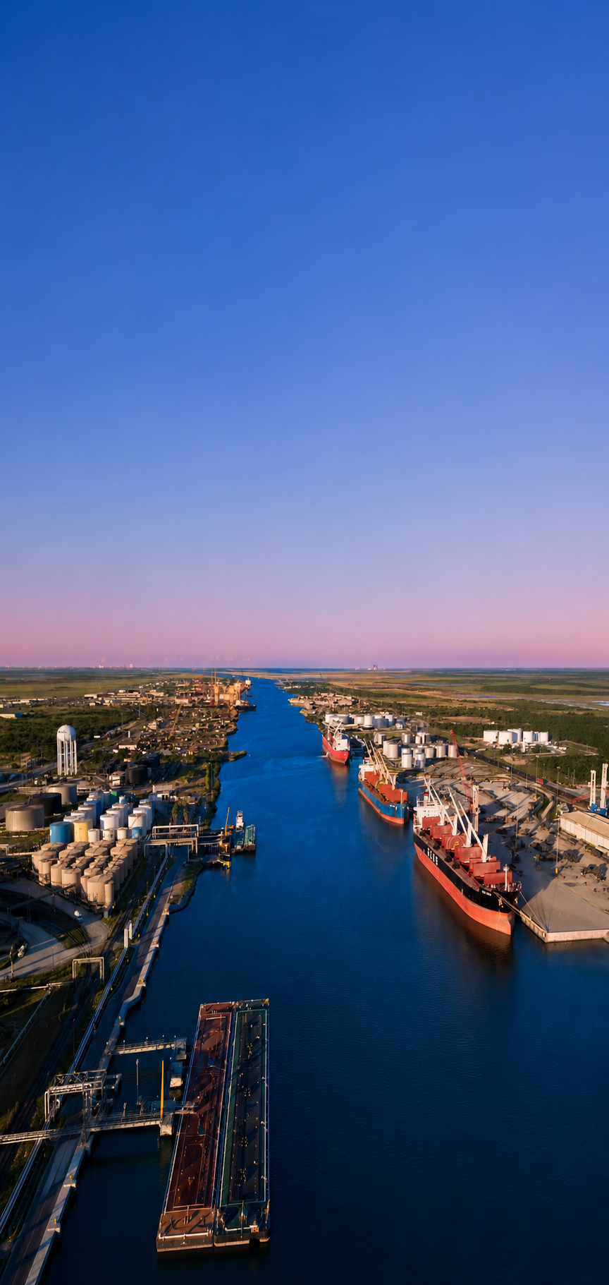 Aerial view of a shipping port with cargo ships, storage tanks, and industrial facilities along a waterway under a clear blue sky.