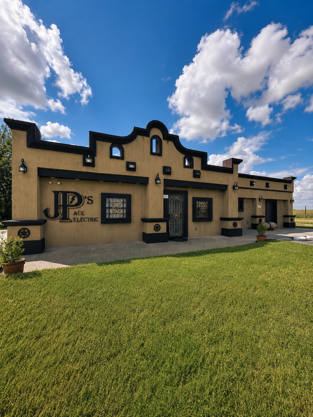 A building with a decorative western-style facade, beige walls, and black accents. The sign says "JP's Ace Electric." There are outdoor lights, a wrought iron door, and green grass with potted plants in front. The sky is blue with scattered clouds.