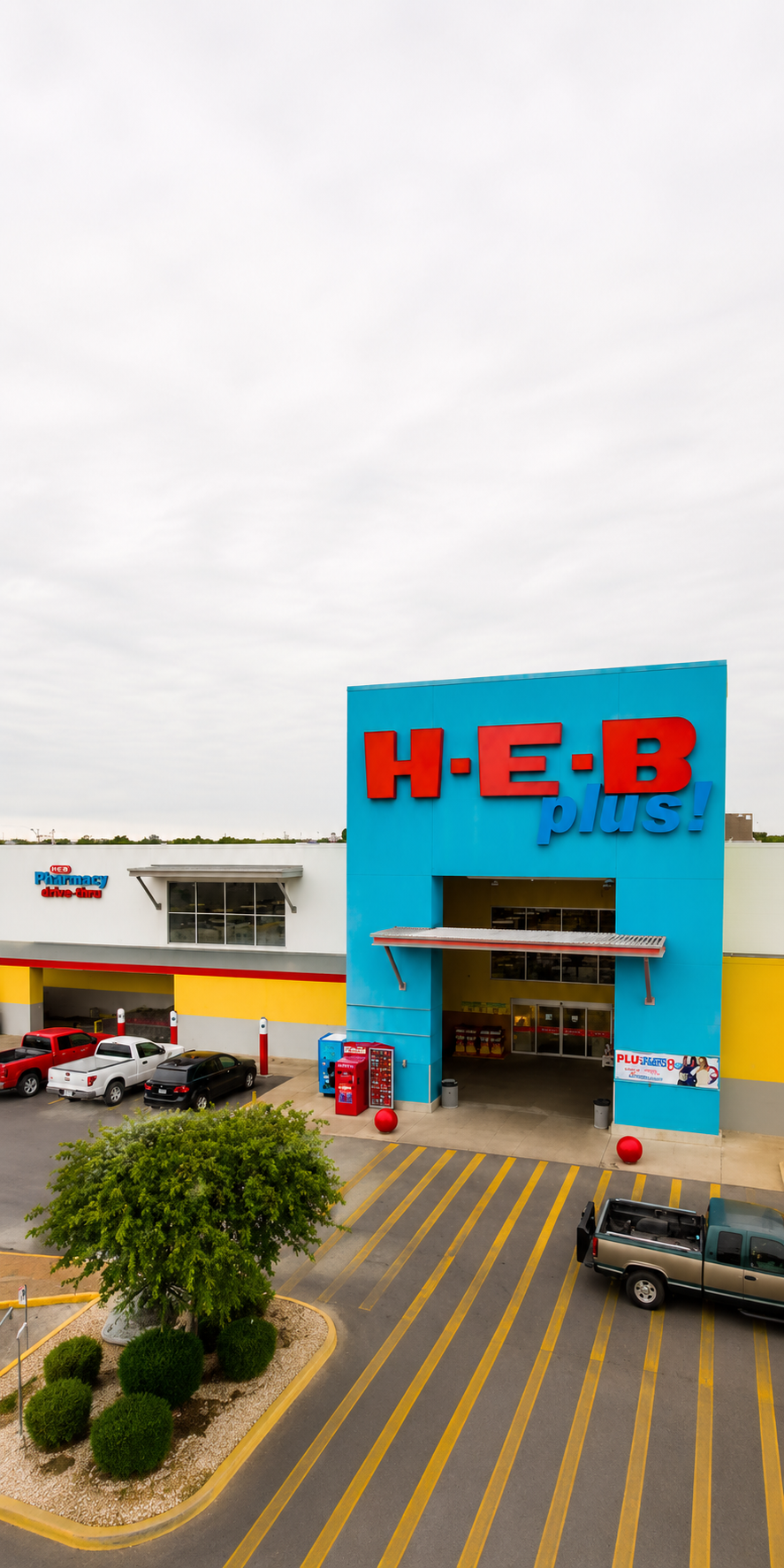 Front view of an H-E-B Plus! grocery store with a parking lot, cars, and a small landscaped area with a tree and bushes in the foreground.