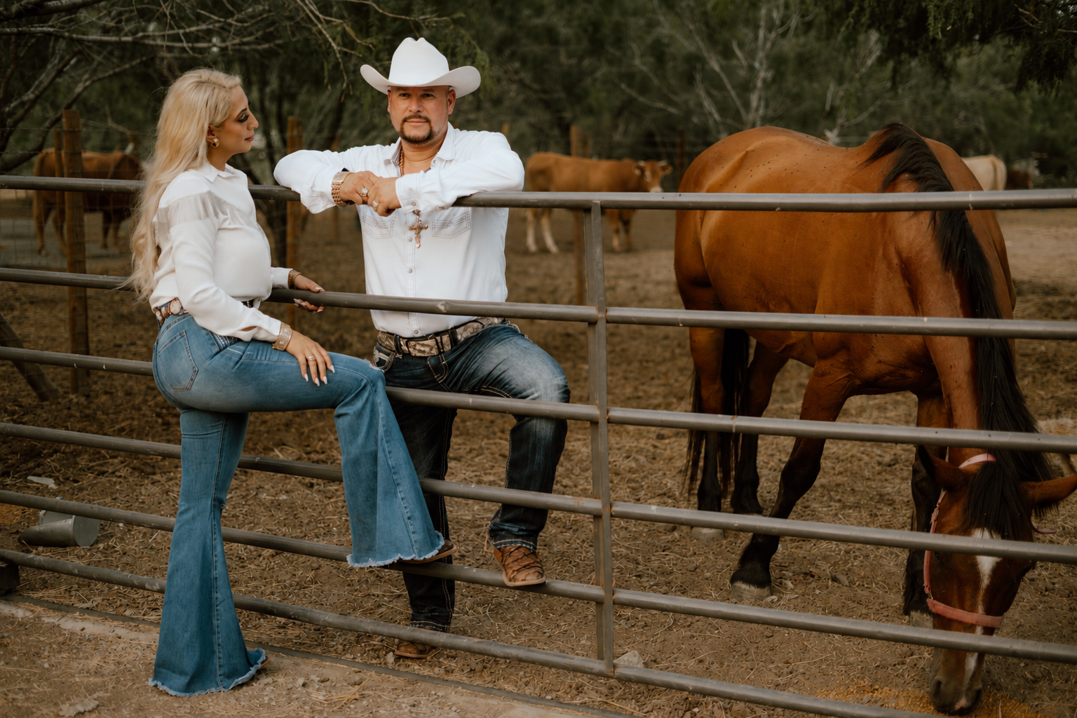 A man and woman in western attire stand by a metal fence at a horse enclosure, with horses grazing in the background.