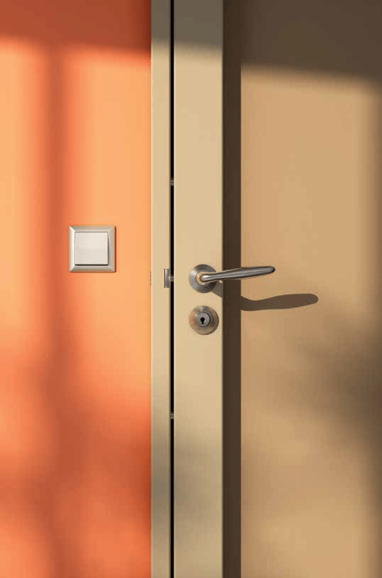 Une porte avec une poignée métallique et un bouton d'éclairage à côté, dans une pièce avec un mur orange.