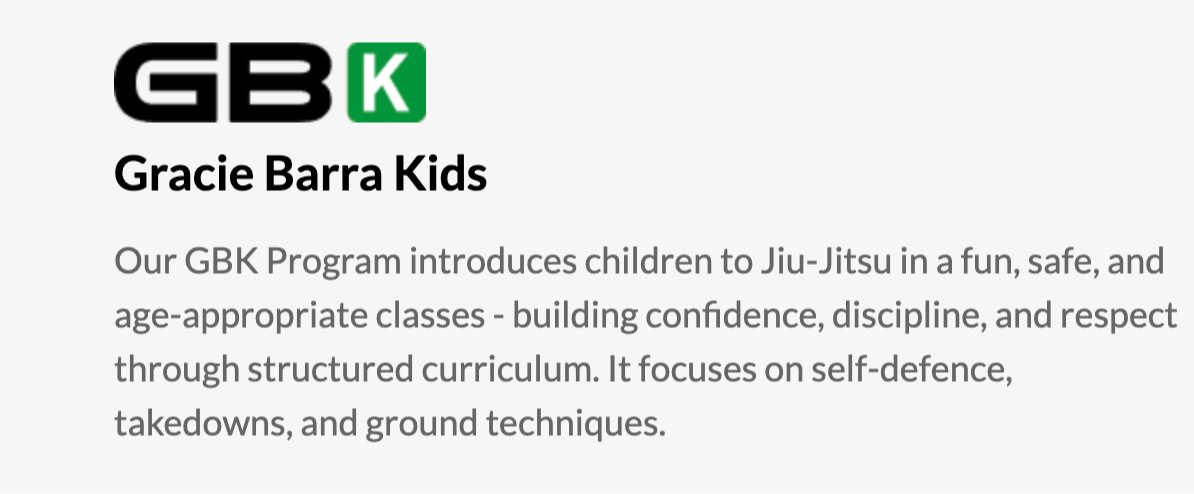 Logo with 'GB' and a green 'K' with text 'Gracie Barra Kids' and description of a children's Jiu-Jitsu program