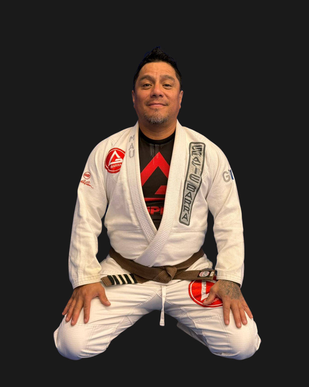 Man in a Brazilian Jiu-Jitsu Gis kneeling and smiling, with text indicating name 'Coach Mau' and ranks 'GB K', sitting against a black background.