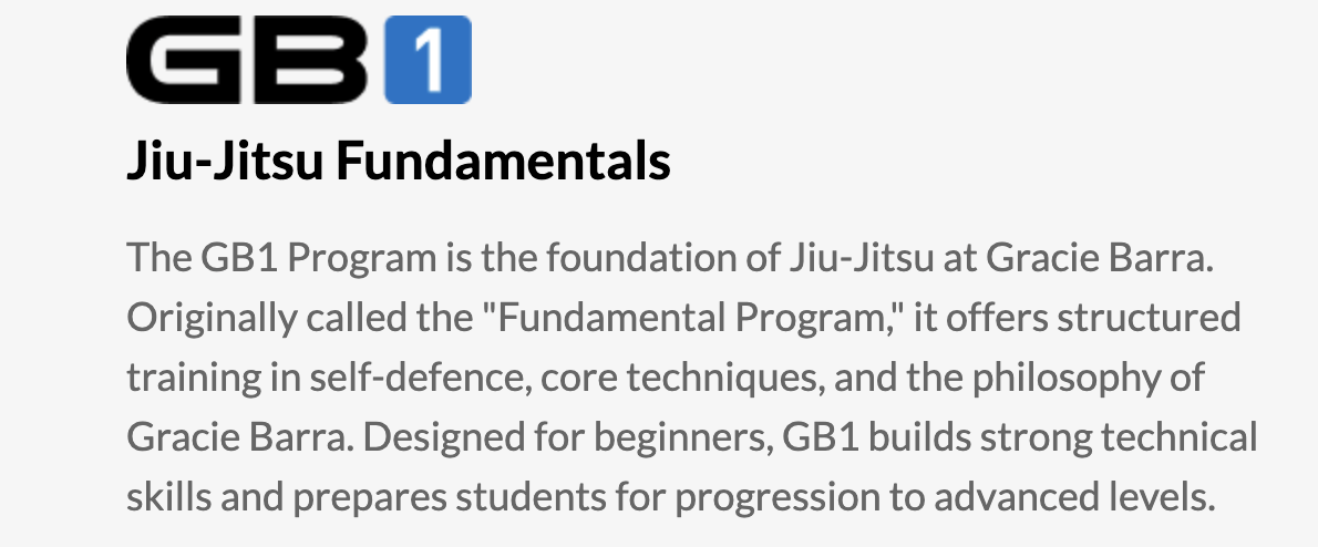 GB1 Jiu-Jitsu Fundamentals logo and description of the GB1 program as the foundation of Jiu-Jitsu at Gracie Barra, offering structured training in self-defense and techniques for beginners.