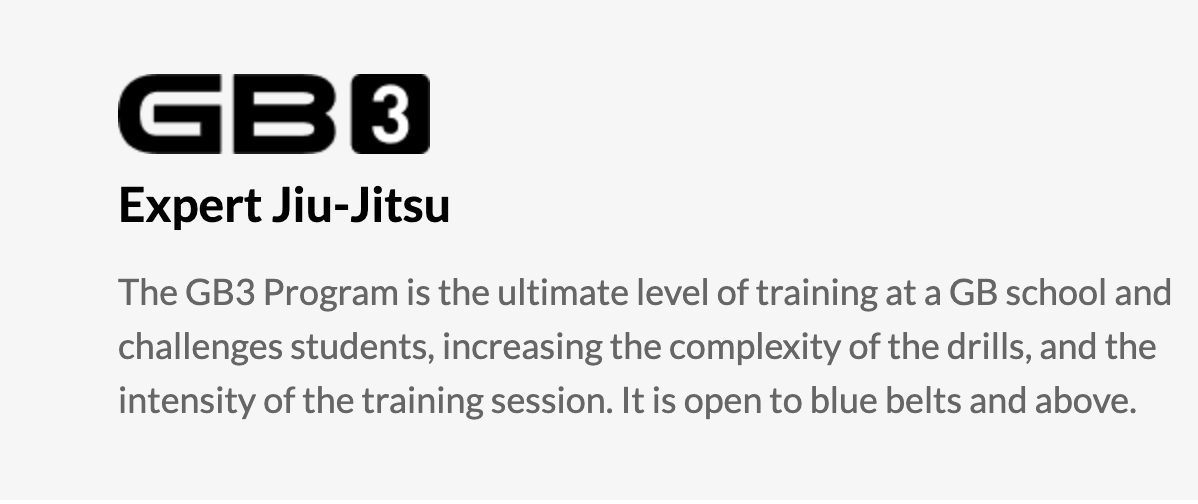 An informational graphic about the GB3 Expert Jiu-Jitsu program, describing it as an advanced training level at a GB school, suitable for blue belts and above, focusing on increasing drill complexity and training intensity.