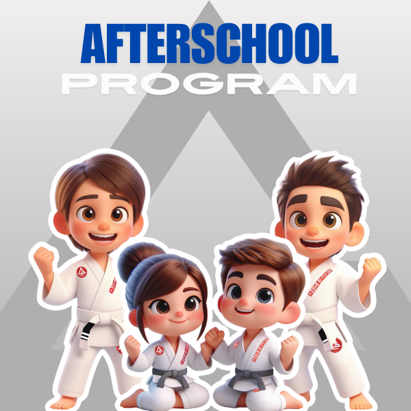 Animated characters in martial arts uniforms posing with fists raised, under the text 'After School Program' in blue and white.