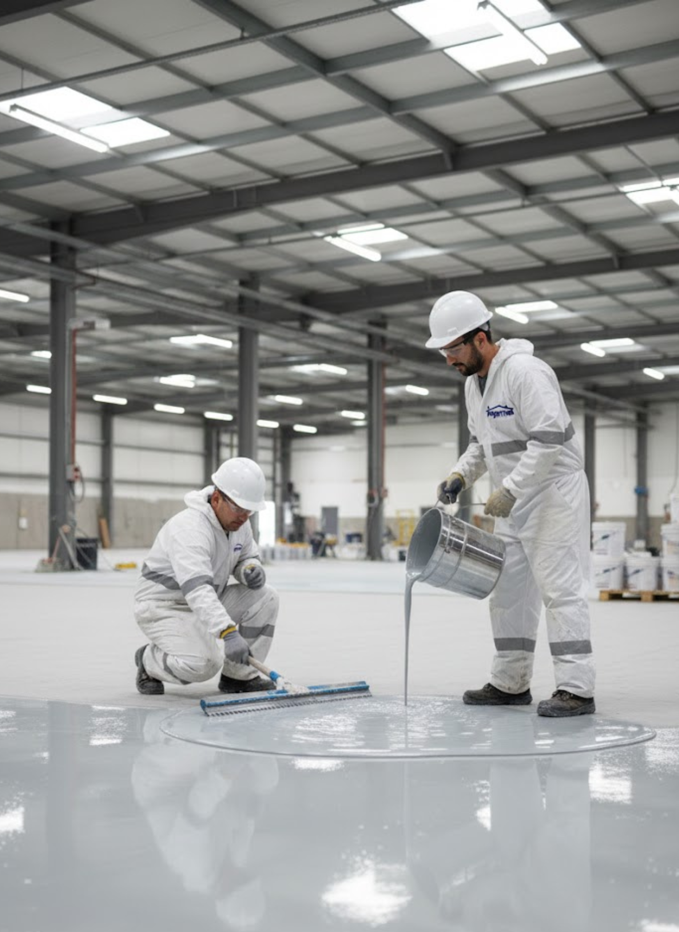 Dos trabajadores en trajes de protección y cascos trabajan en la superficie de un suelo de concreto en una fábrica o almacén, uno vacía líquido sobre el suelo mientras el otro rastrilla la superficie.
