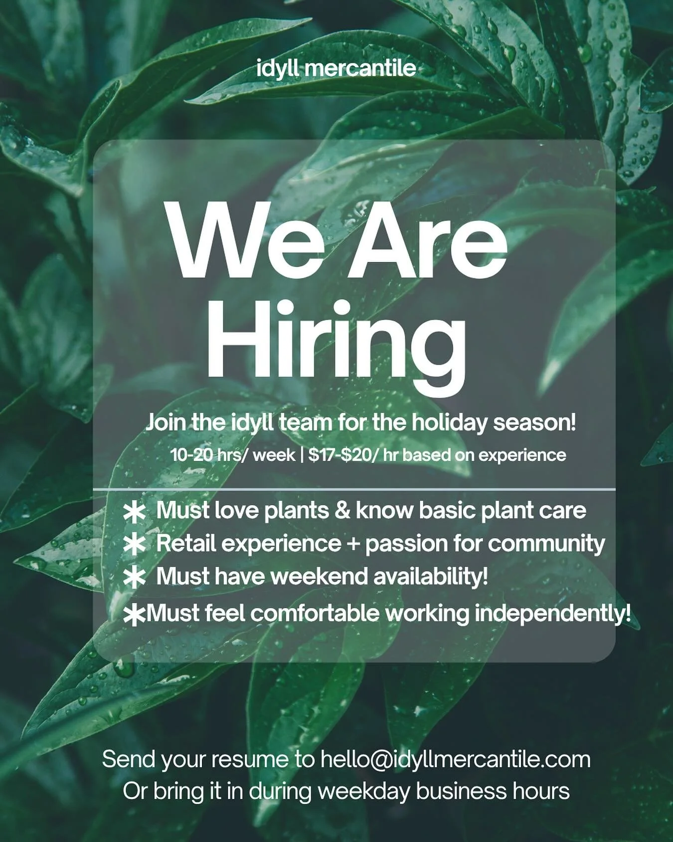 We are looking for a holiday helper to join our team for the holiday season! 

We currently need help Saturday - Monday. This is a short term position, with potential to extend in the new year! 

* must have retail experience
* must know basic plant 