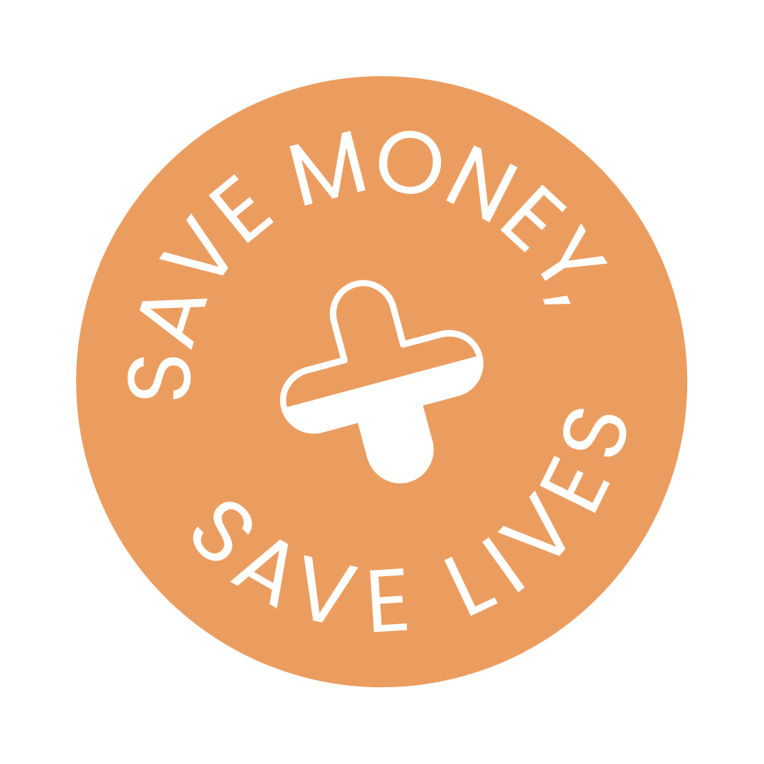 Orange icon with The text 'Save Money, Save Lives' surrounds a cross.