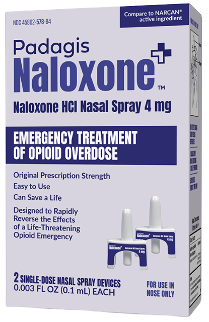 Box of Naloxone nasal spray for opioid overdose emergency treatment, containing two single-dose devices.