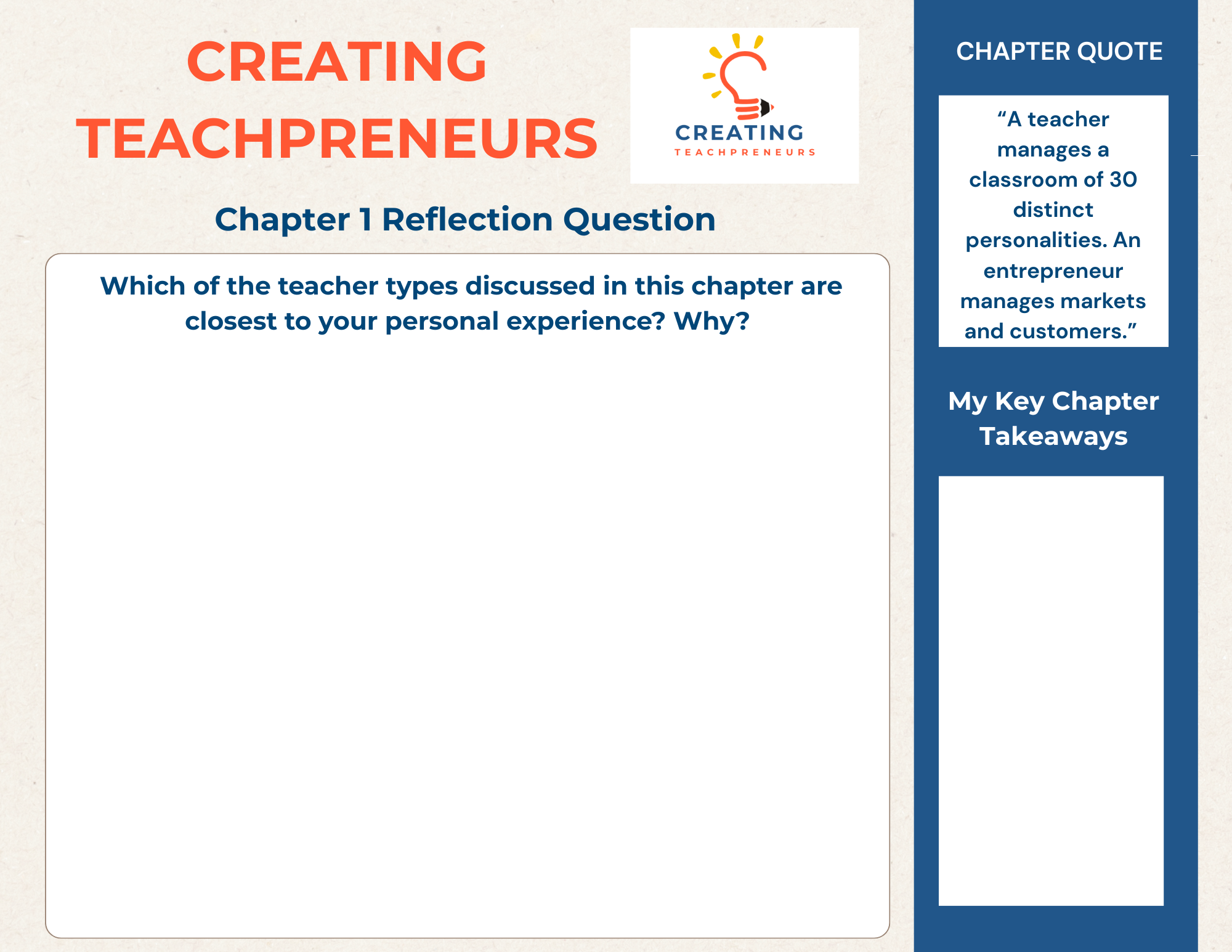 A presentation slide titled "Creating Teachpreneurs" with a logo of a lightbulb and a pencil. The slide features a chapter 1 reflection question asking which teacher types discussed are closest to the reader's experience, and a blue sidebar with a chapter quote about a teacher managing a classroom of 30 distinct personalities and an entrepreneur managing markets and customers. The sidebar also includes a section labeled "My Key Chapter Takeaways."