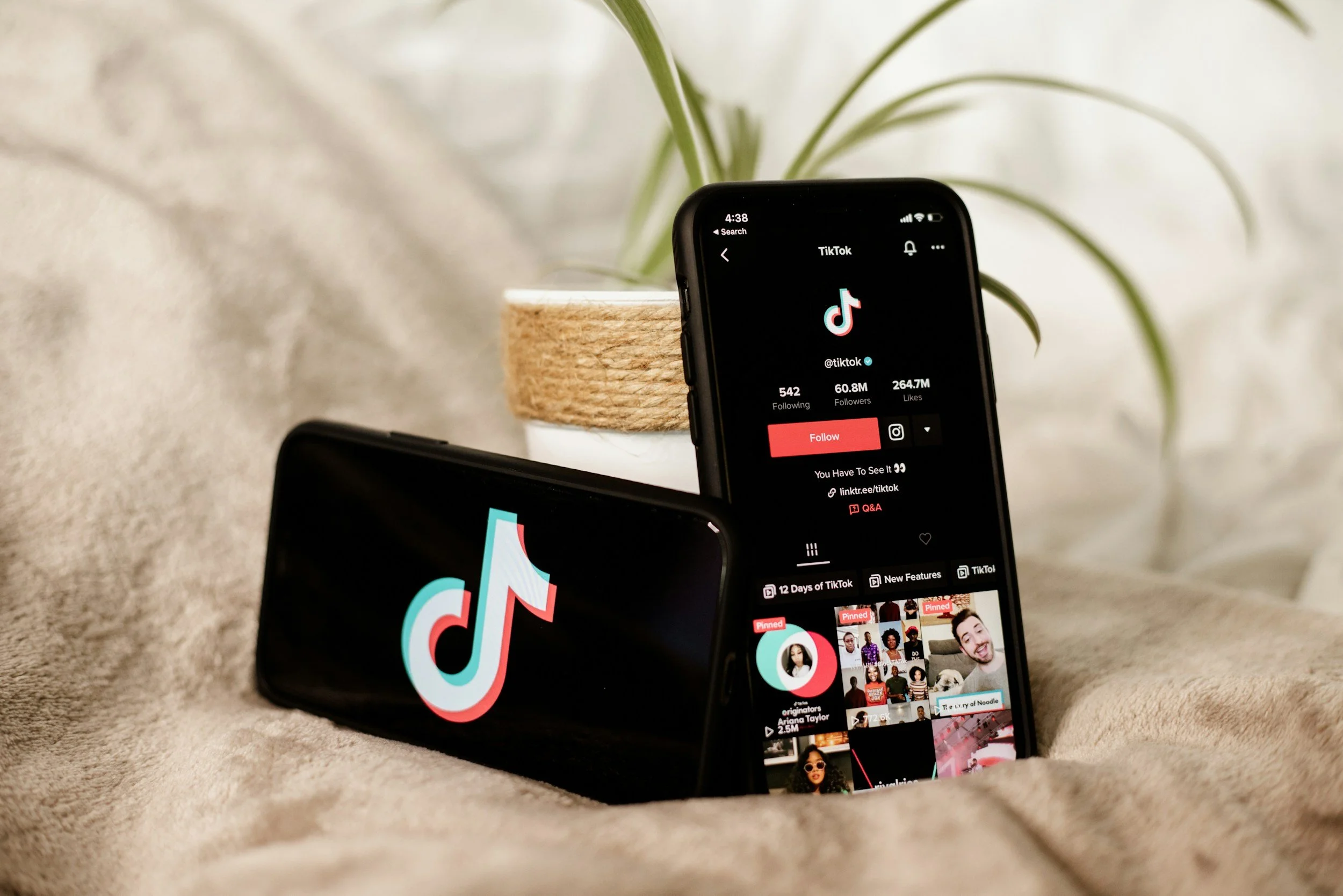 Two smartphones displaying TikTok app screens, one with TikTok logo, one showing TikTok profile, placed on a soft beige surface with a potted plant in the background.