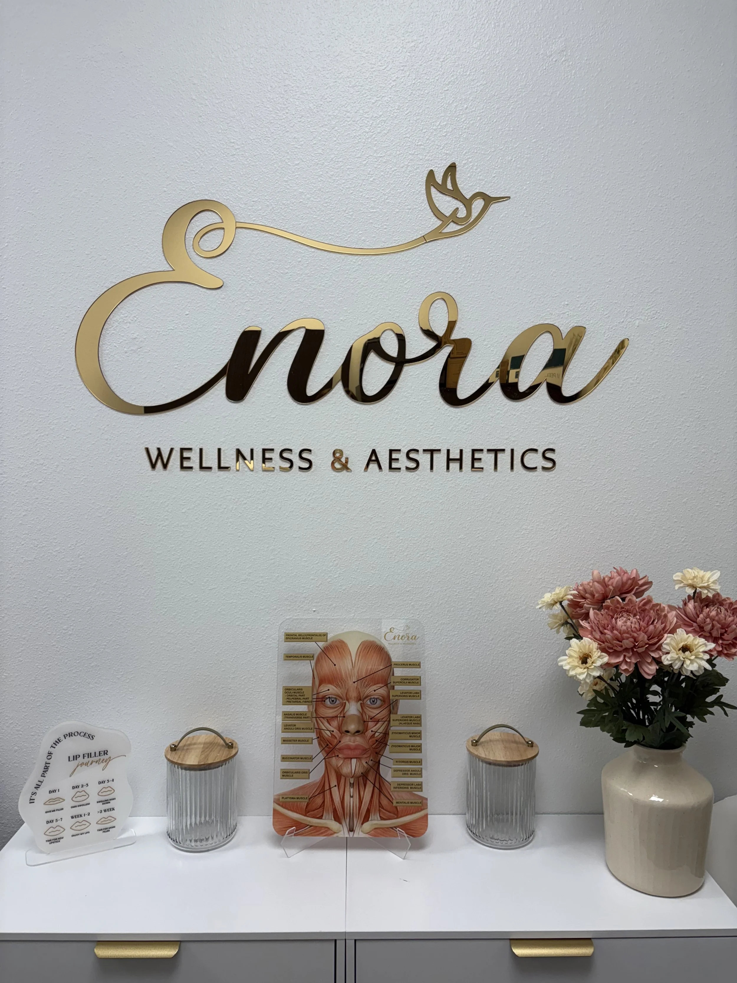 Wall sign reading 'Enora Wellness & Aesthetics' with decorative hummingbird, a diagram of facial muscles, and a vase of flowers on a white cabinet.