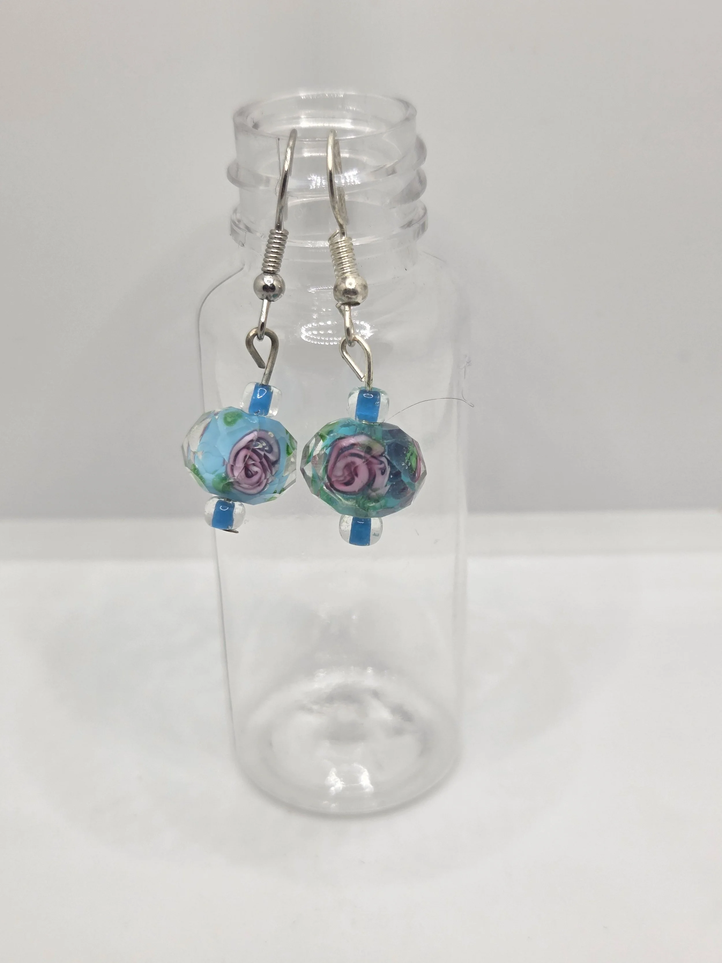 Blue and Pink Rose Earrings