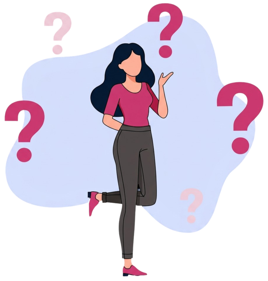A cartoon of a woman in olive pants and a bright pink shirtwith question marks floating around her