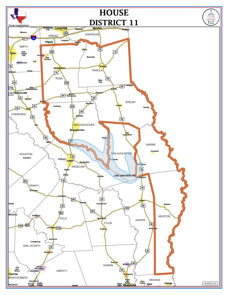 Nacogdoches, Newton, Panola, Rusk, Sabine, Shelby counties make up TX House District 11