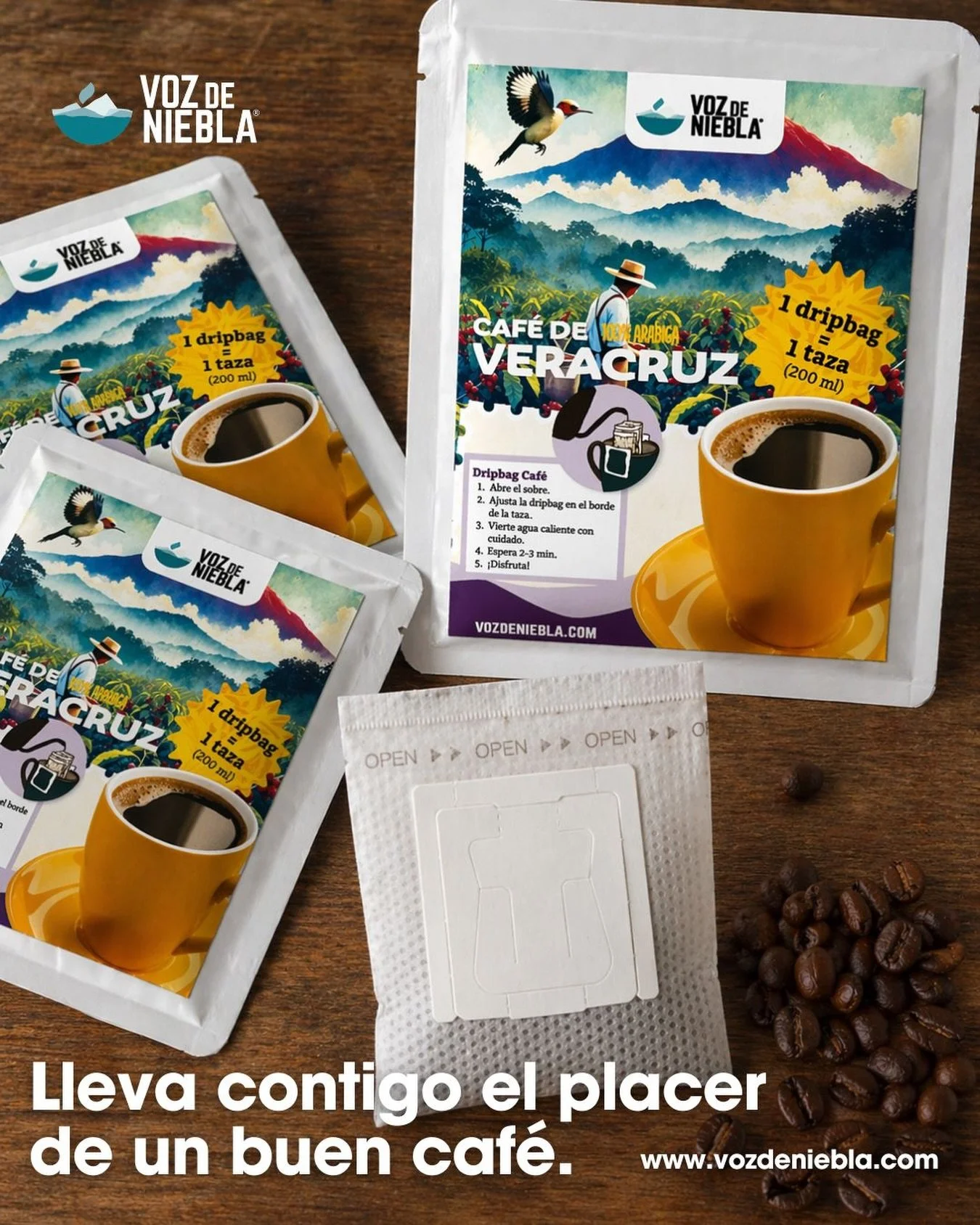 ☕✨ El buen caf&eacute; ahora va contigo a donde quieras.

Disfruta el sabor aut&eacute;ntico de Voz de Niebla en su pr&aacute;ctico formato dripbag: f&aacute;cil de preparar, delicioso y perfecto para acompa&ntilde;arte en casa, oficina o viaje. 🌿🌄