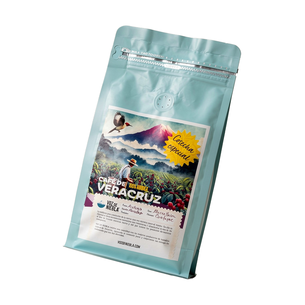 Paquete de café con imagen del monte Veracruz, campo y ave, con etiqueta que dice 'Cosecha especial'.