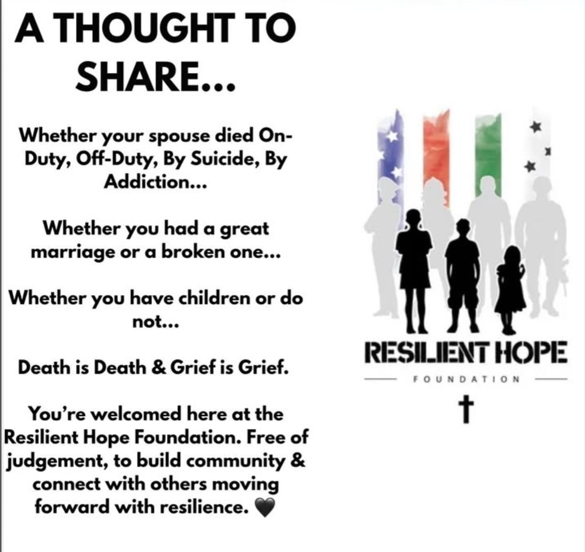 A motivational message from Resilient Hope Foundation about dealing with grief, loss, and resilience, with silhouetted people and colorful American flags in the background.